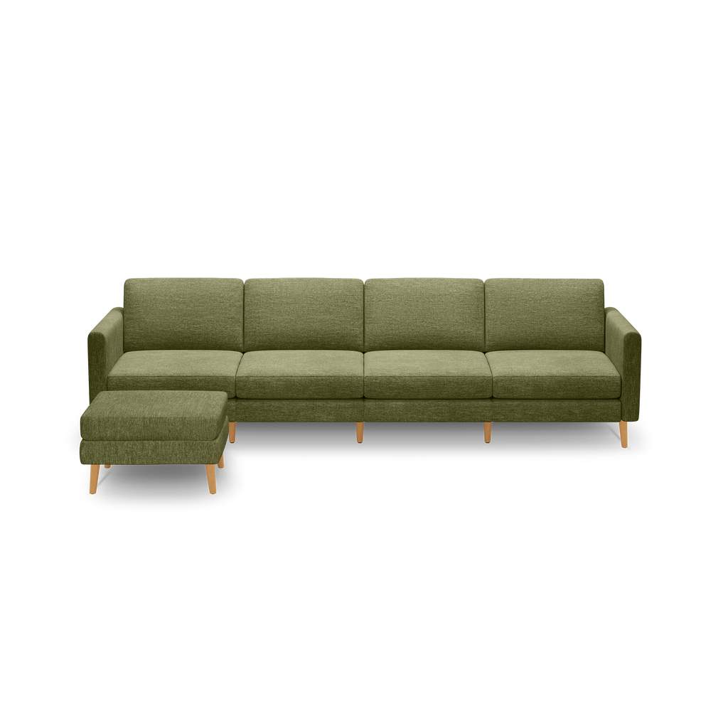 Olive green sectional sofa with four cushioned seats and a matching ottoman, featuring wooden legs and a modern, minimalist design.