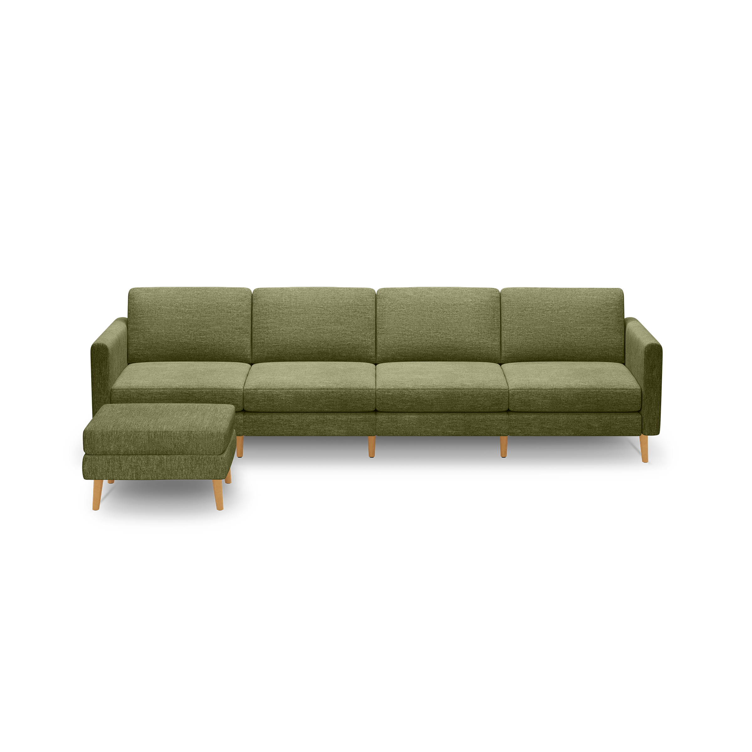 Olive green sectional sofa with four cushioned seats and a matching ottoman, featuring wooden legs and a modern, minimalist design.