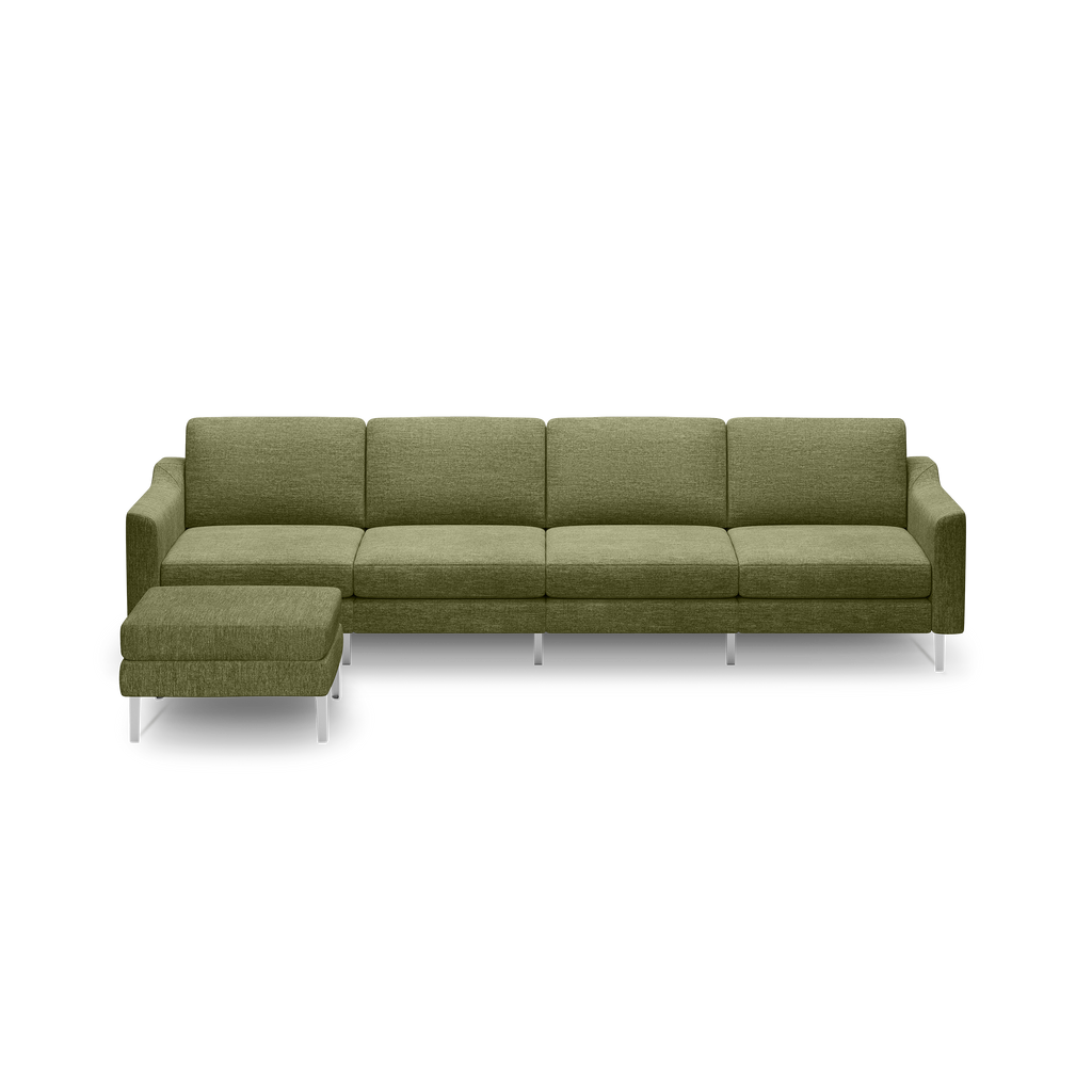 Olive green modern sectional sofa with a left-side chaise and chrome legs, featuring clean lines and plush cushions.