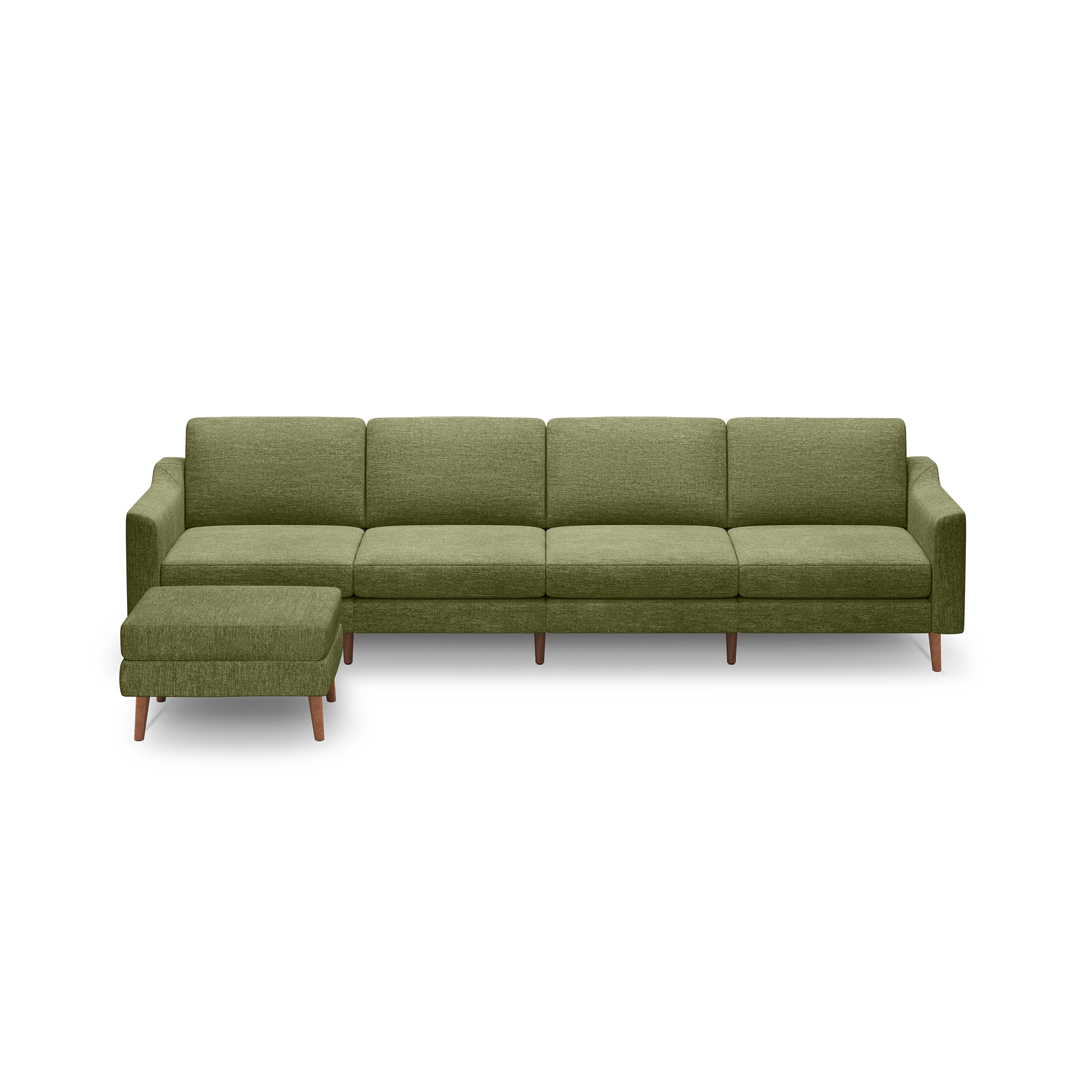 Olive green sectional sofa with four cushions and matching ottoman, supported by wooden legs, modern and minimalist design.