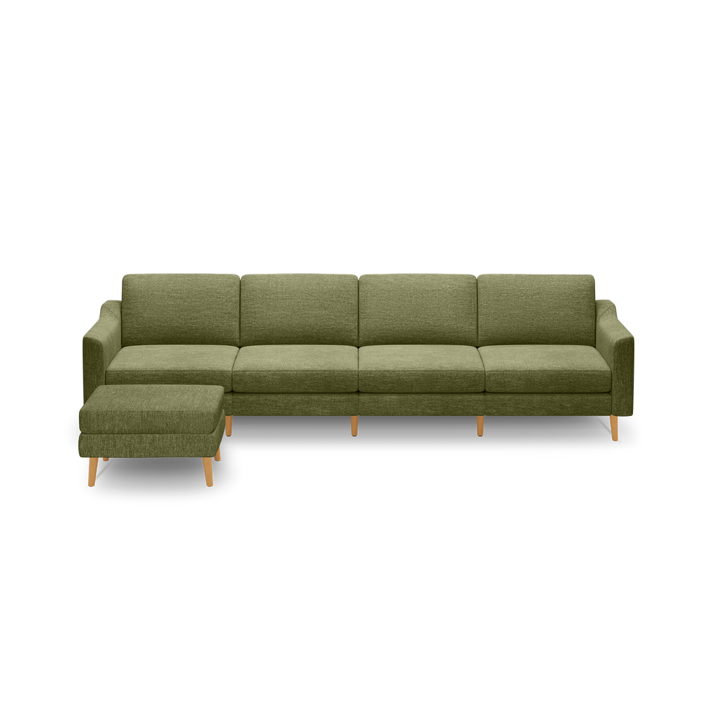 Olive green fabric sectional sofa with wooden legs and matching ottoman, featuring clean lines and modern design.