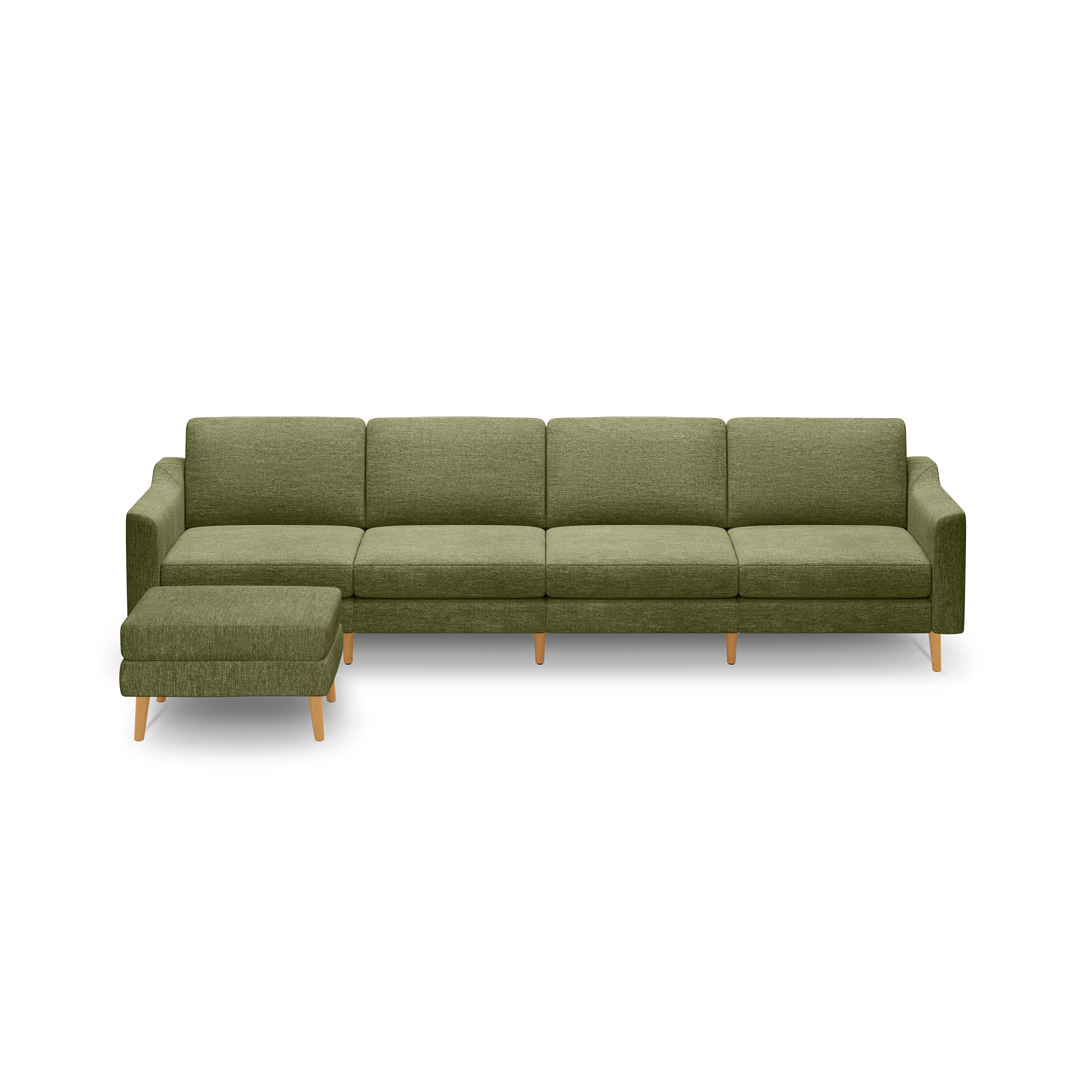Olive green fabric sectional sofa with wooden legs and matching ottoman, featuring clean lines and modern design.