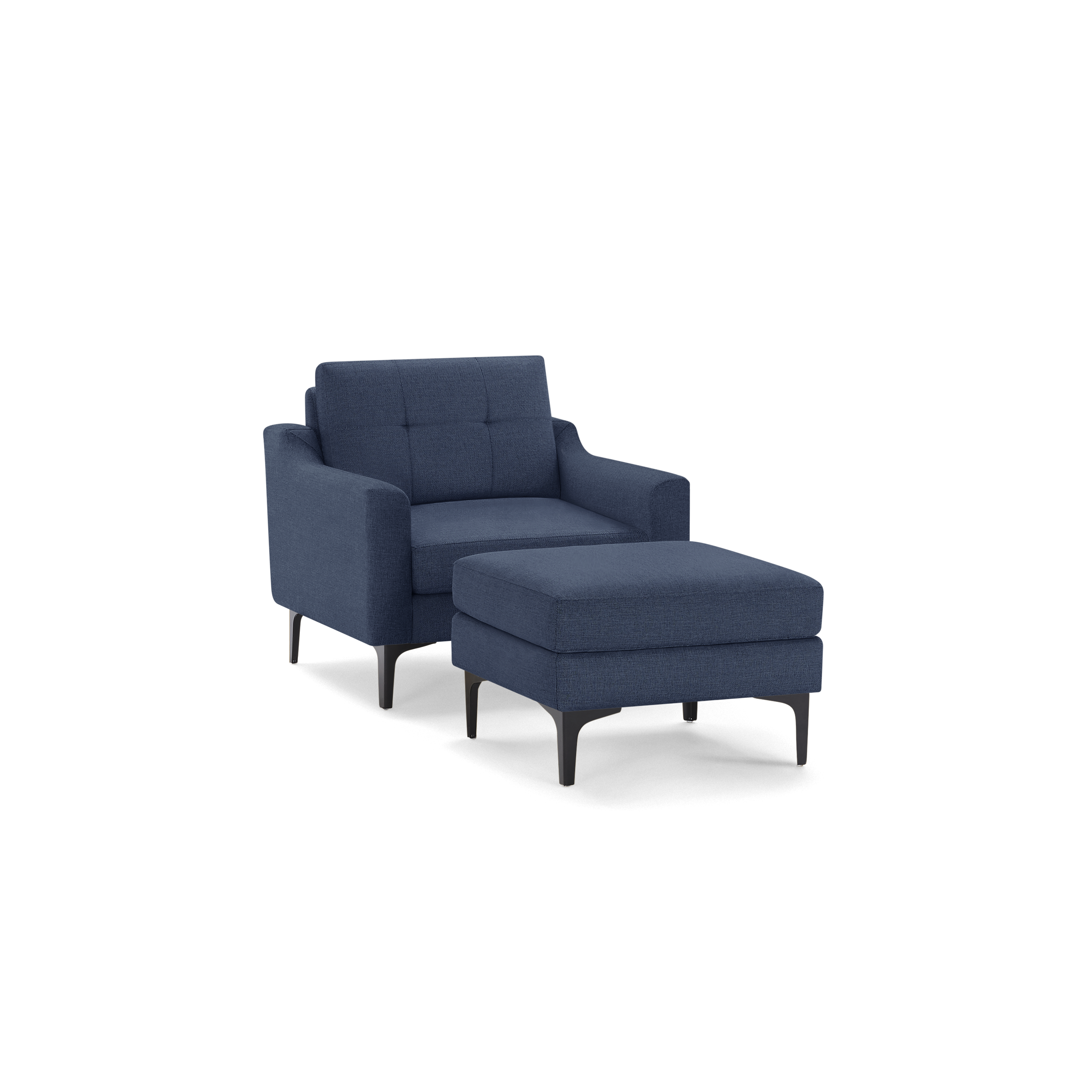 Modern navy blue armchair with tufted backrest and matching cushioned ottoman, both supported by slim black legs.