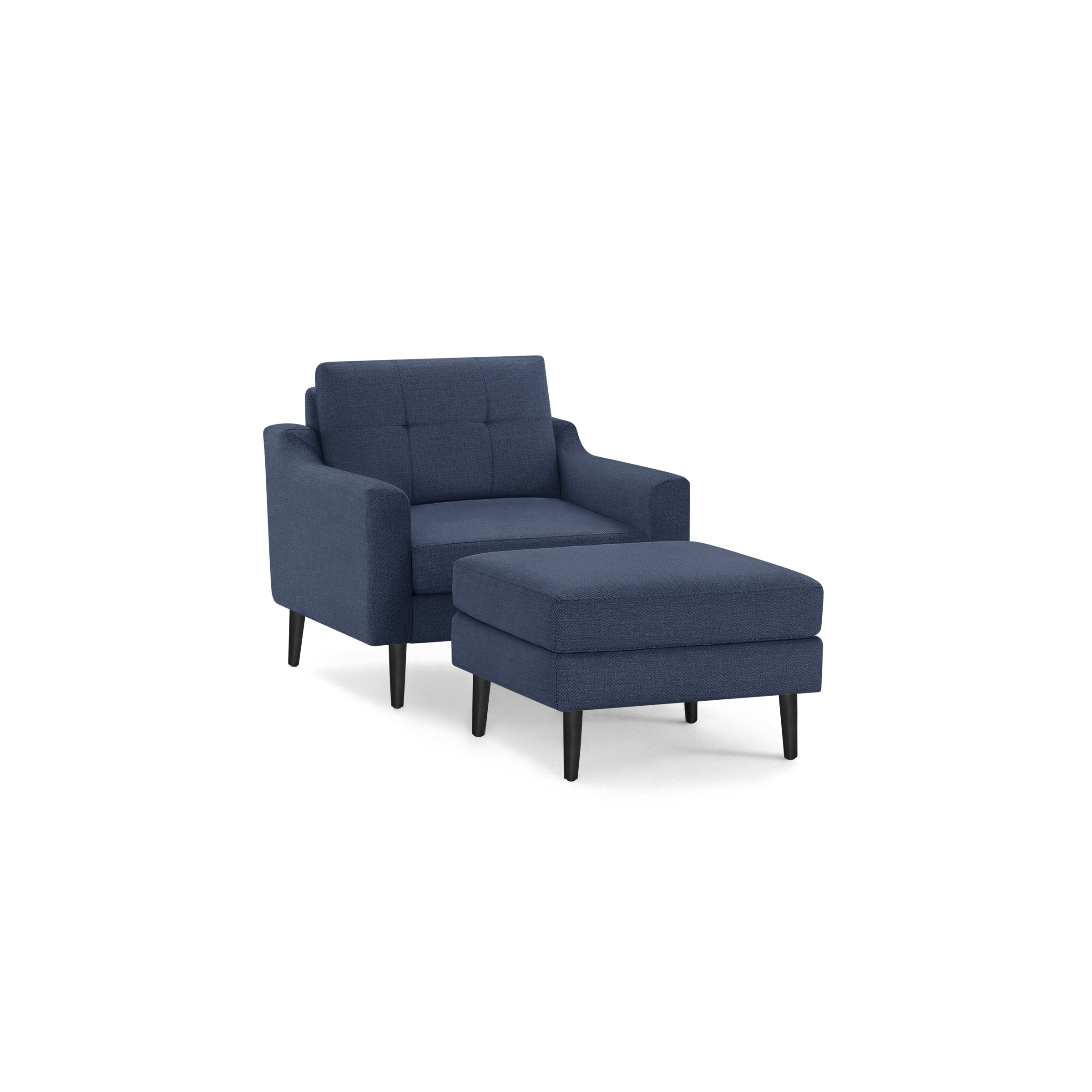 Blue upholstered armchair with tufted backrest and matching ottoman, both featuring tapered black wooden legs.