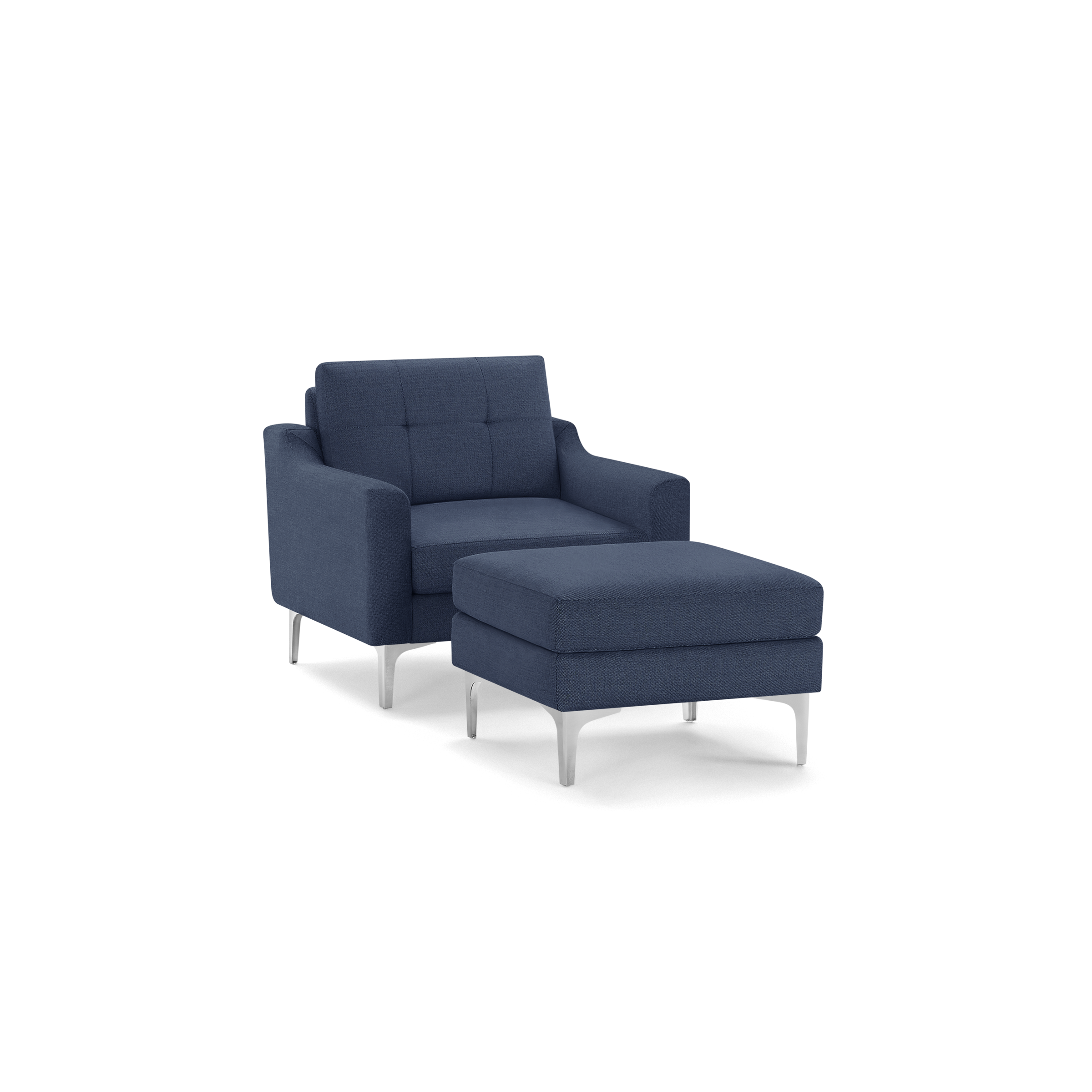 Modern navy blue upholstered armchair with matching ottoman, featuring tufted backrest and sleek silver metal legs.