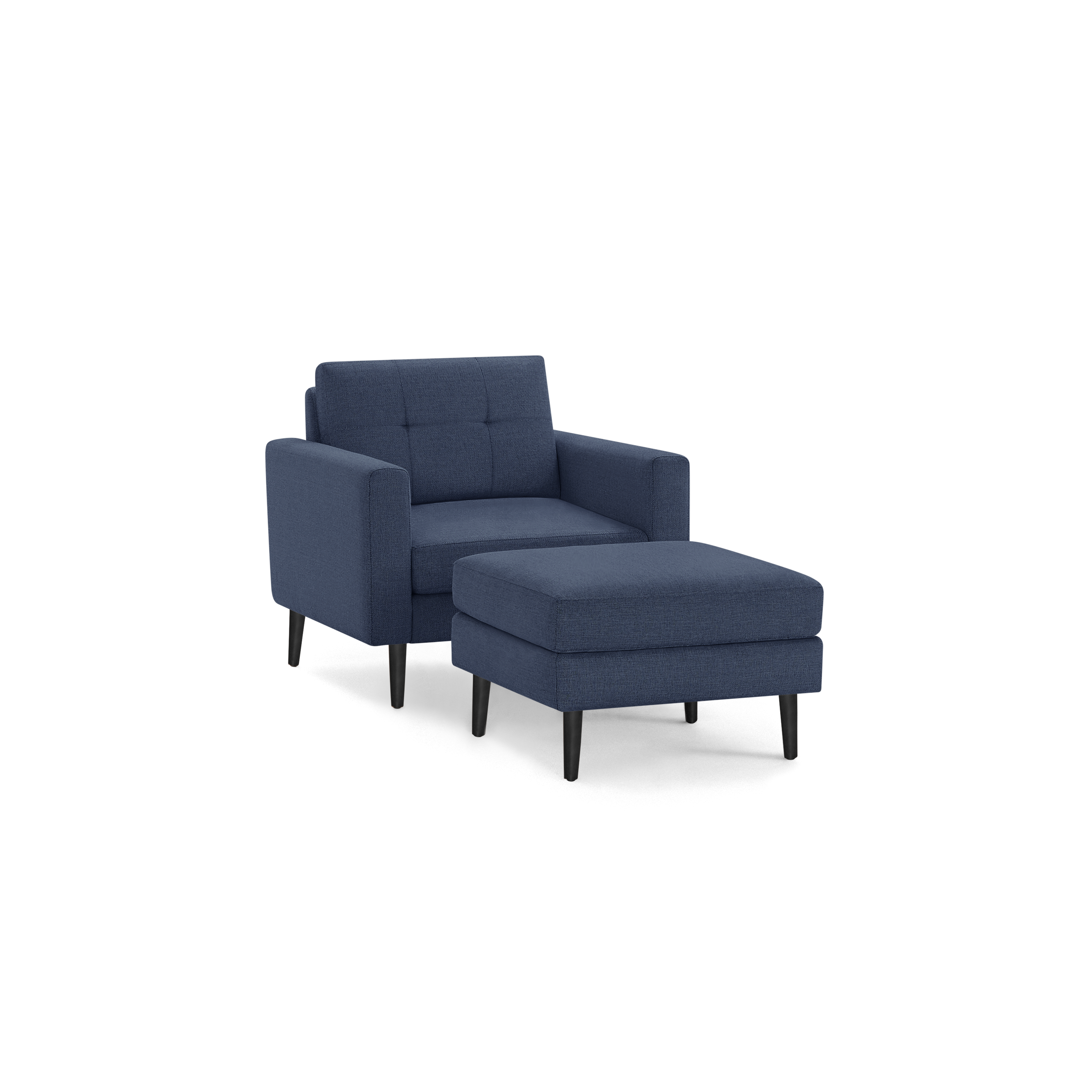 Modern navy blue upholstered armchair with matching cushioned ottoman, featuring black tapered wooden legs and tufted backrest.