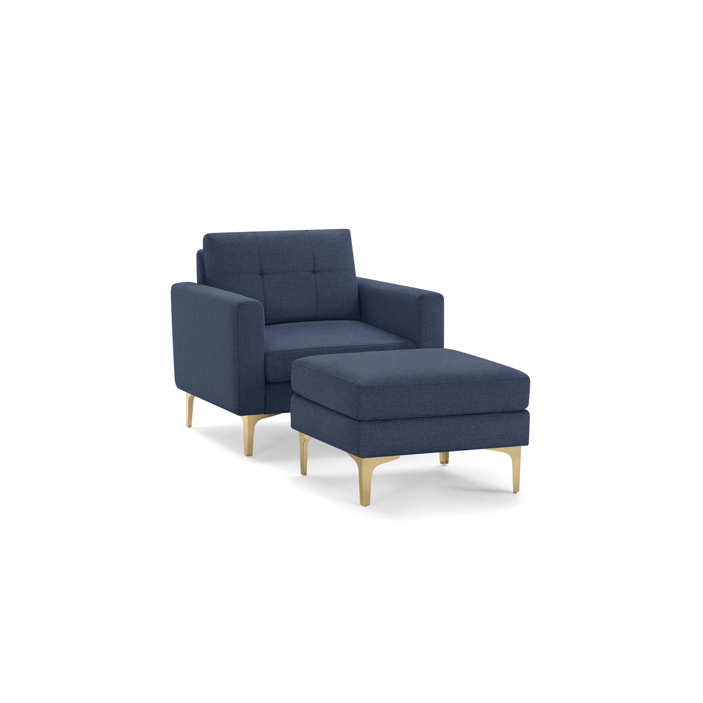 Modern navy blue upholstered armchair with matching ottoman, featuring square arms and light wooden legs.