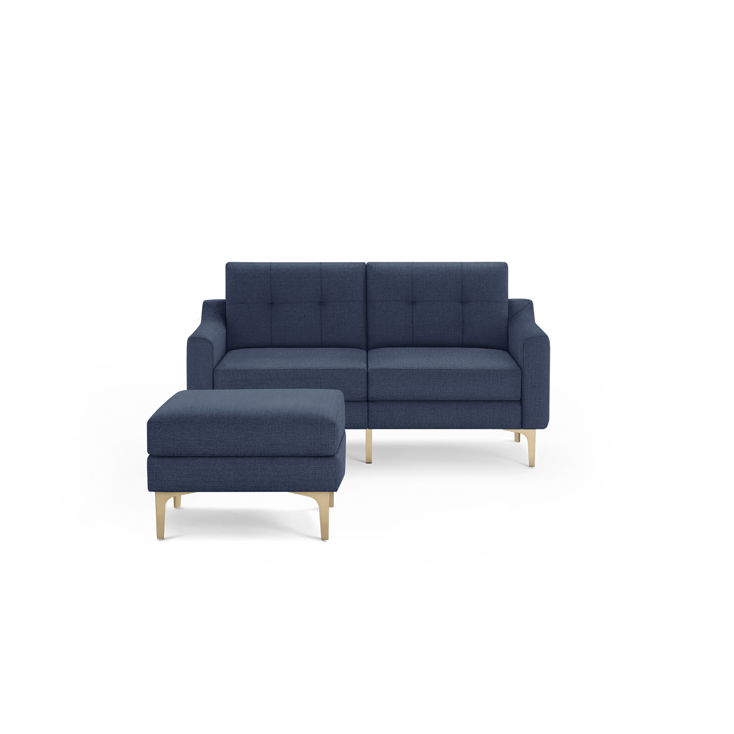 Modern navy blue fabric loveseat with tufted back cushions and wooden legs, paired with a matching ottoman on wooden legs.