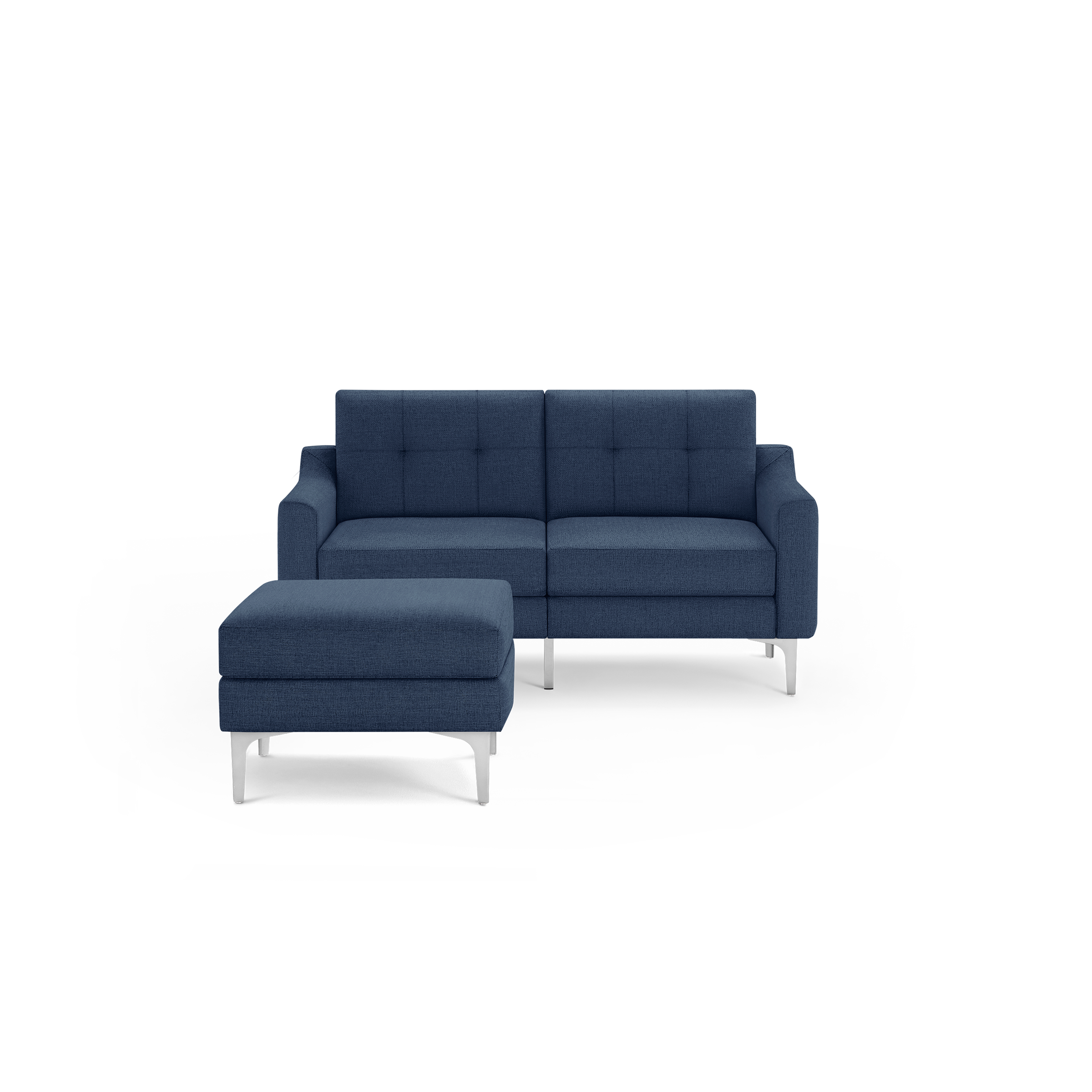 Modern navy blue fabric loveseat with tufted cushions and matching ottoman, supported by sleek silver metal legs.