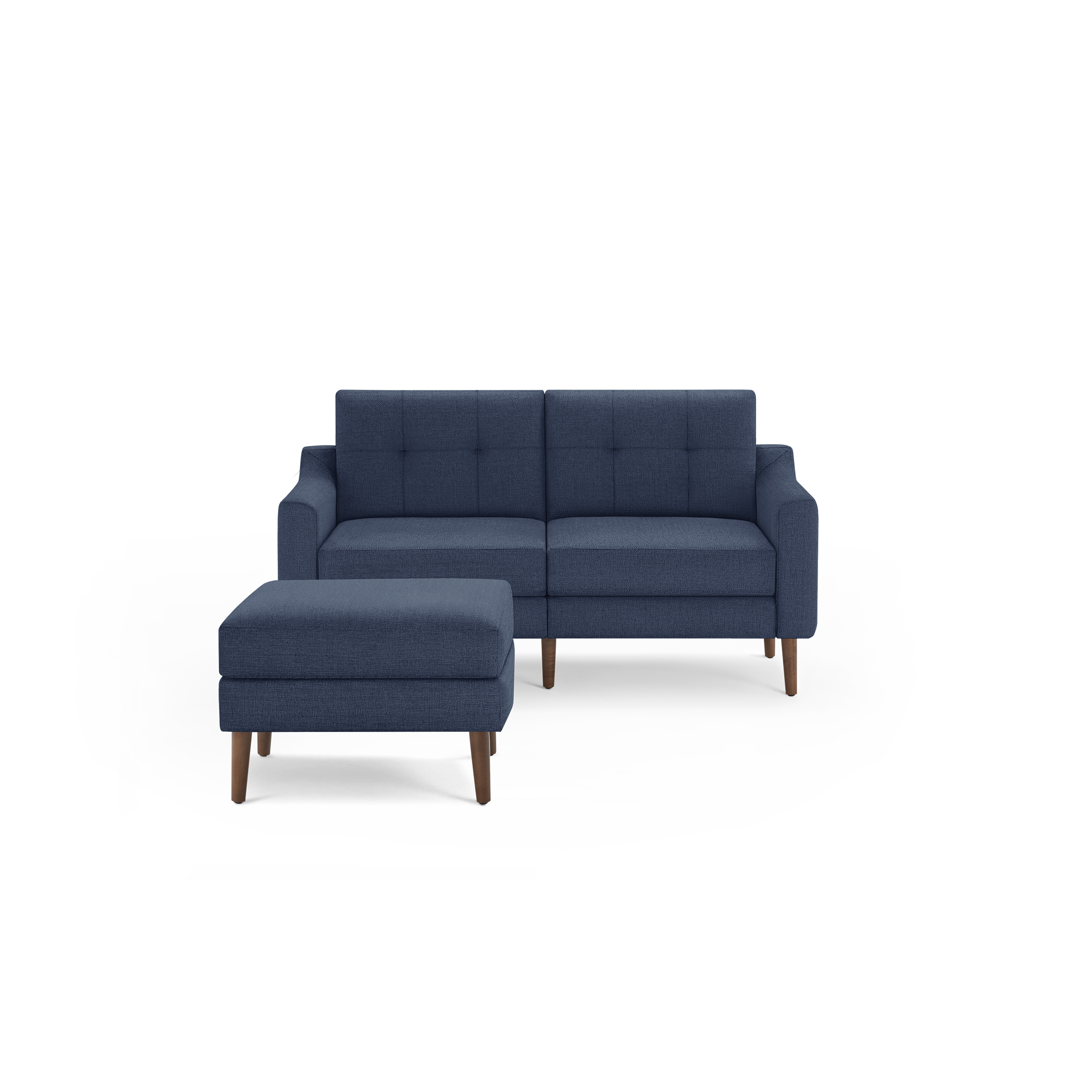 Blue modern loveseat with tufted back cushions and matching ottoman, featuring wooden legs and clean, straight armrests.