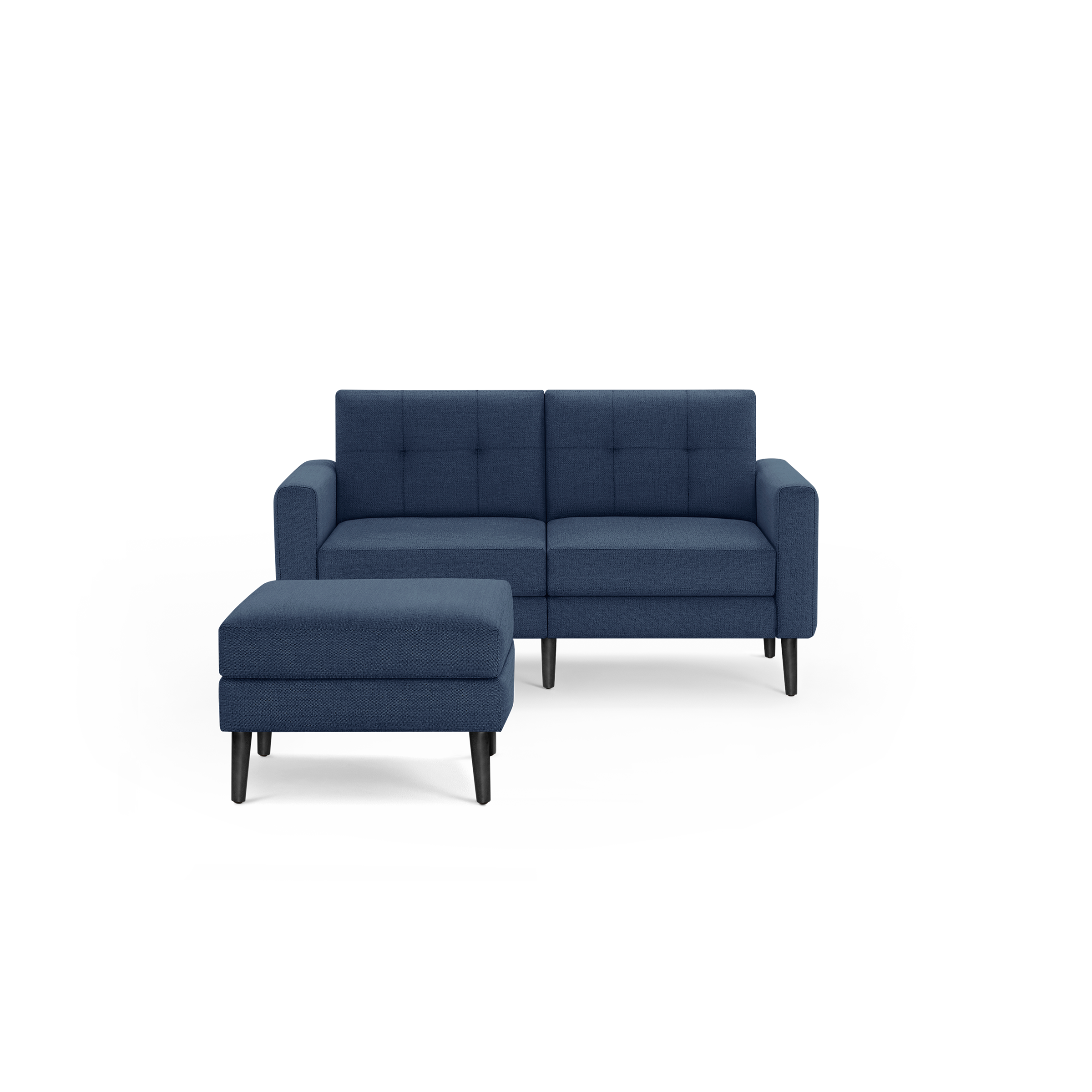 Modern navy blue fabric loveseat sofa with matching ottoman, tufted back cushions, and black wooden legs.