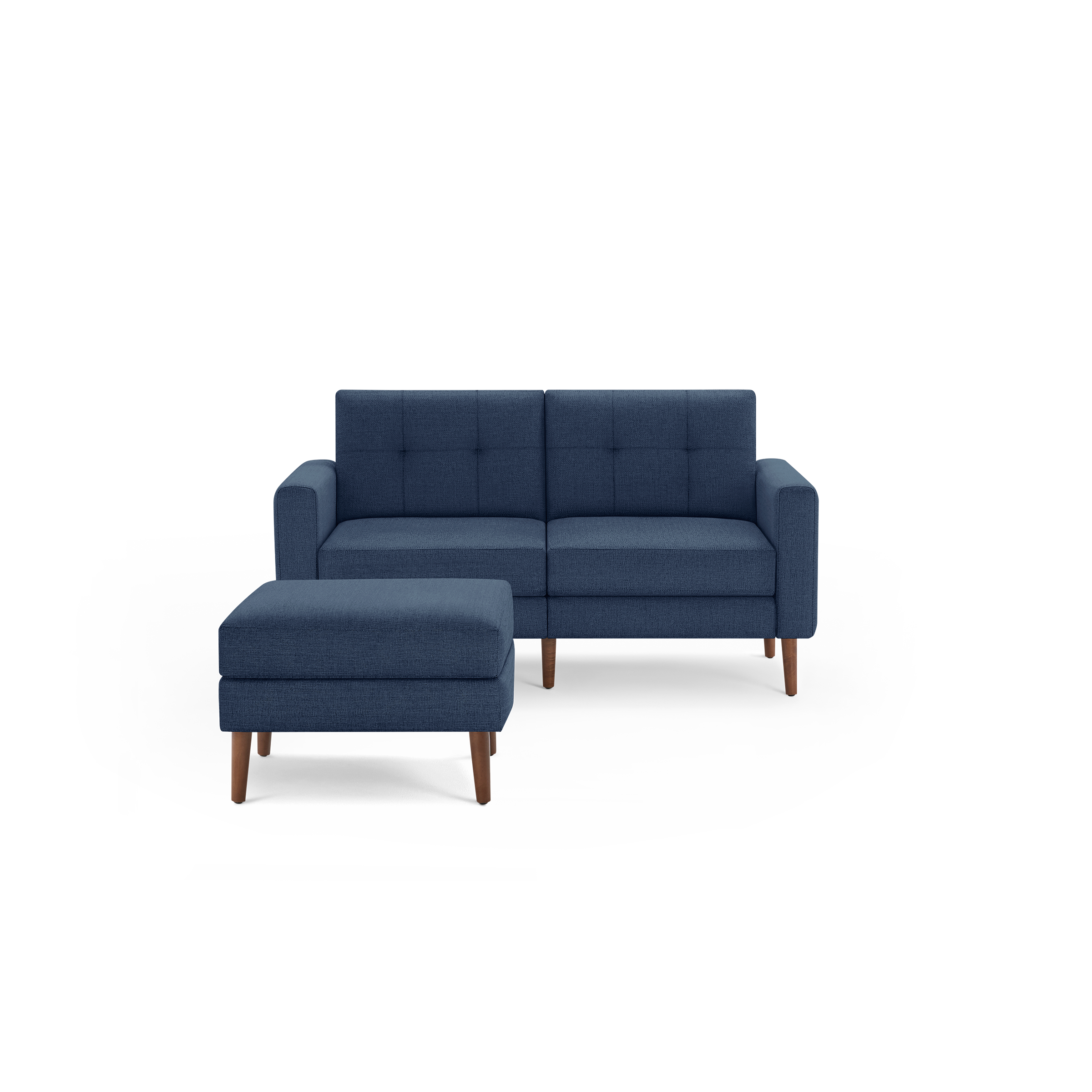 Blue fabric two-seater sofa with matching ottoman, featuring wooden legs and tufted back cushions in a modern design.