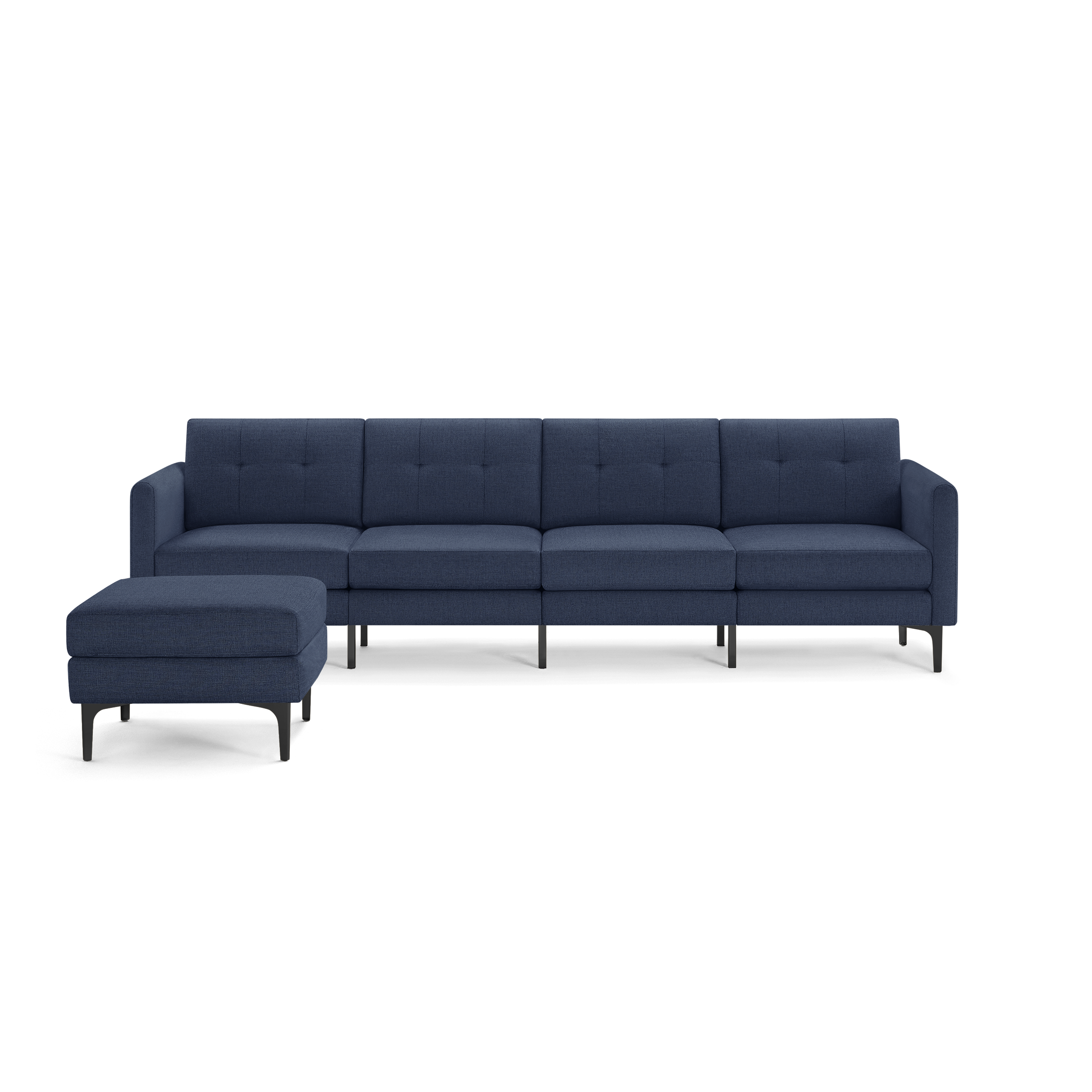 Modern navy blue sectional sofa with a chaise lounge, tufted cushions, and sleek black metal legs.