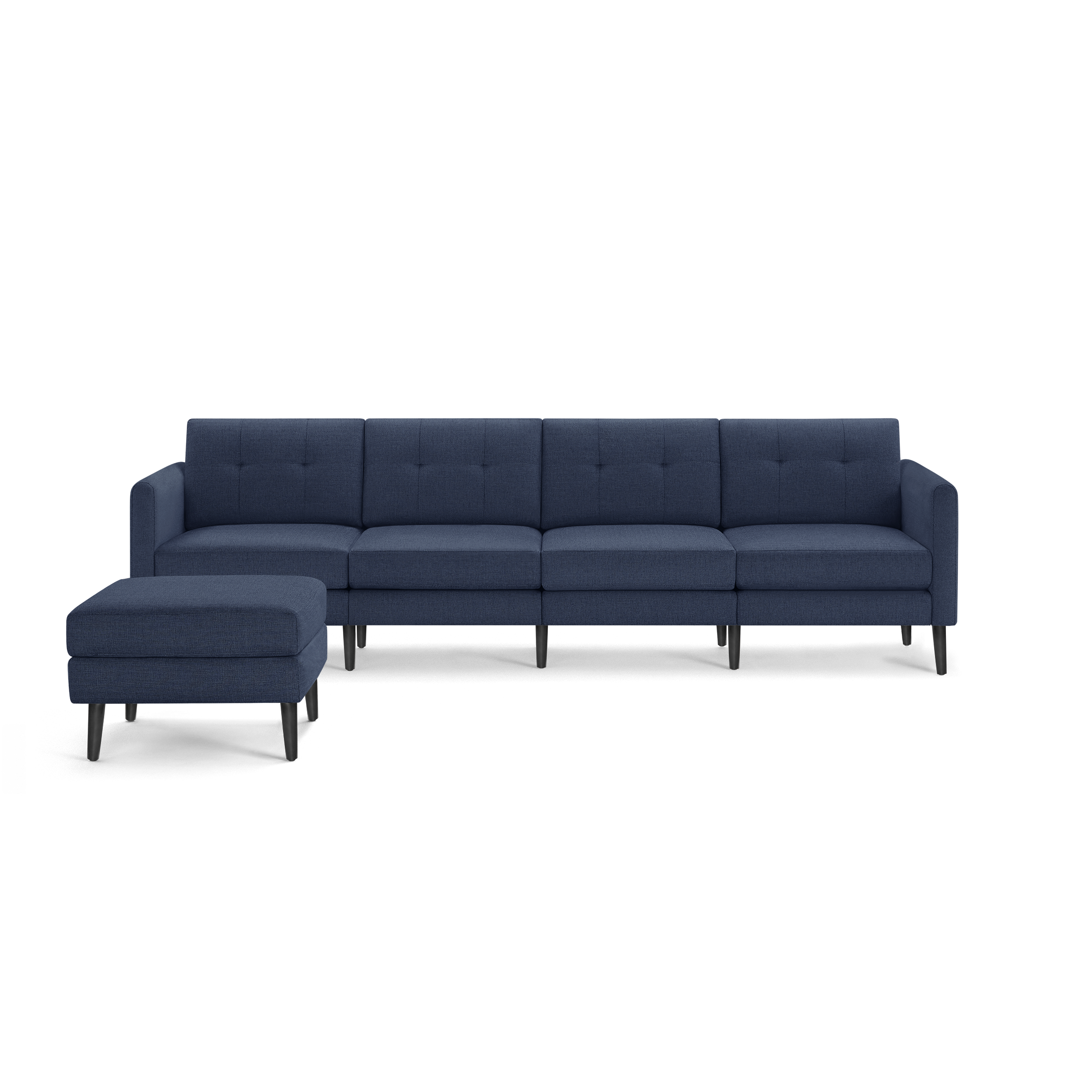 Modern navy blue sectional sofa with button-tufted back cushions and matching ottoman on black tapered legs.