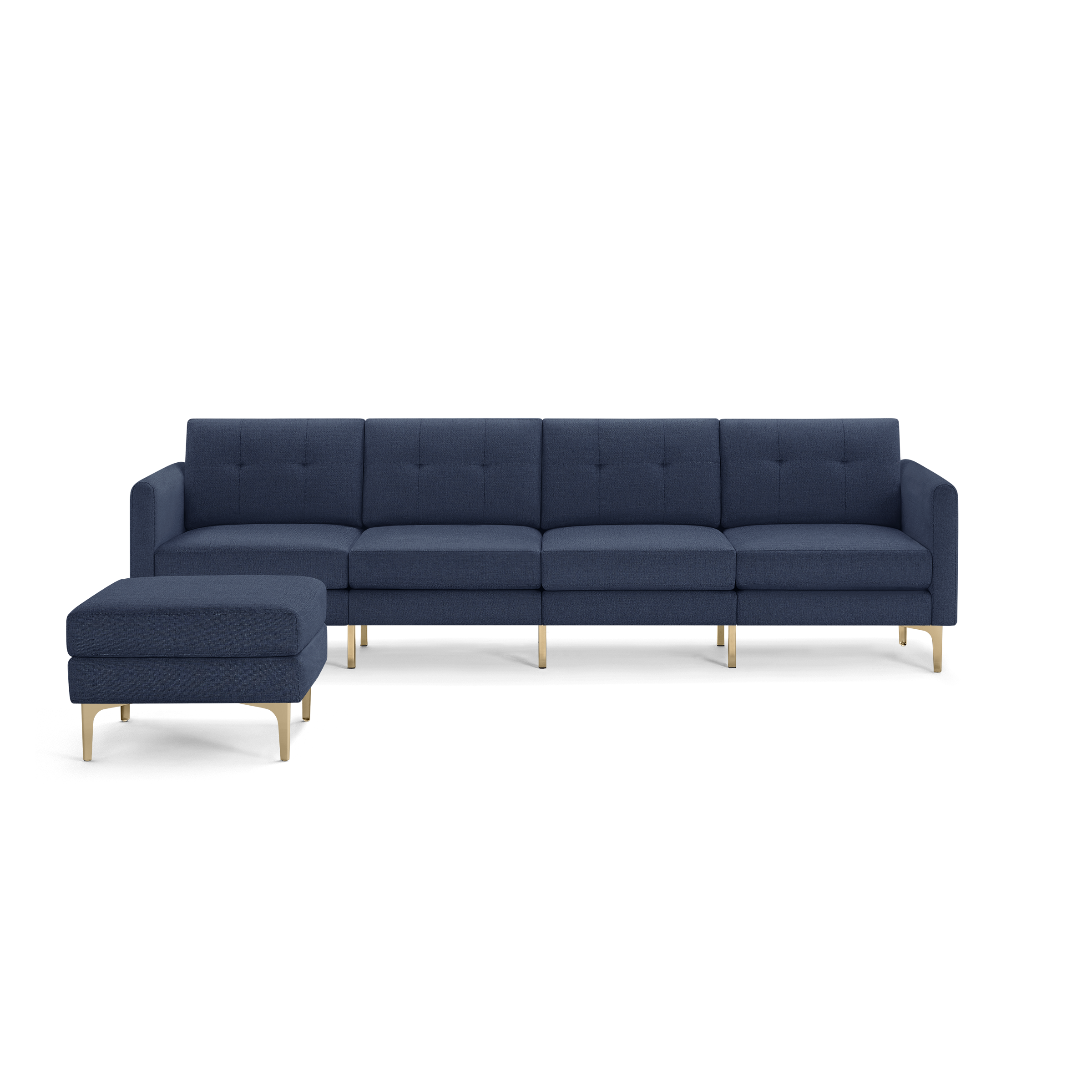 Modern navy blue sectional sofa with tufted back cushions and matching ottoman, supported by sleek gold metal legs.