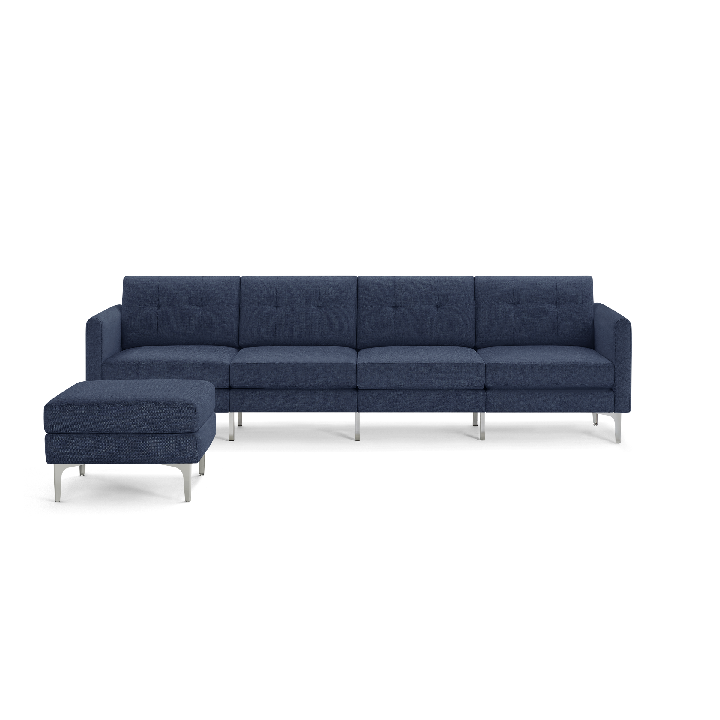 Modern sectional sofa with navy blue upholstery, tufted back cushions, and metal legs, accompanied by a matching ottoman.