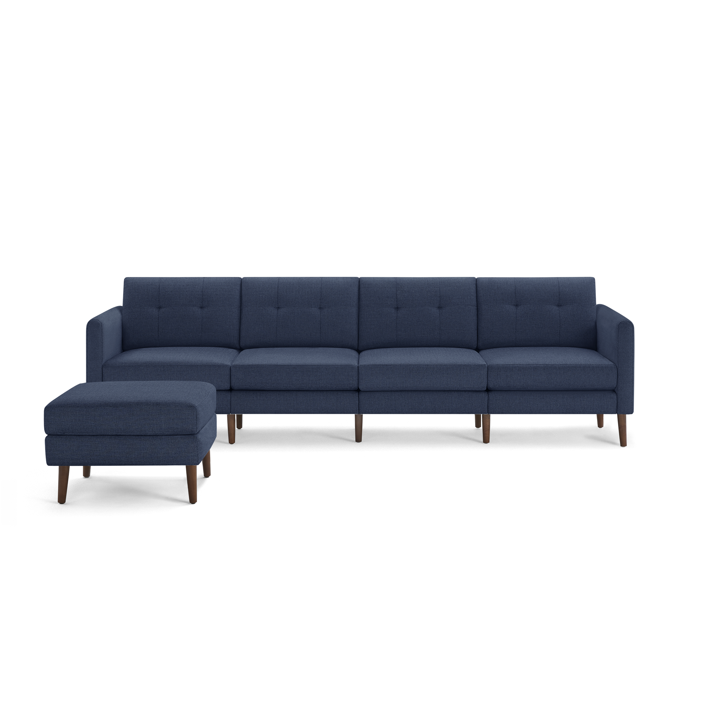 Modern navy blue sectional sofa with tufted back cushions and matching cushioned ottoman, featuring wooden legs.