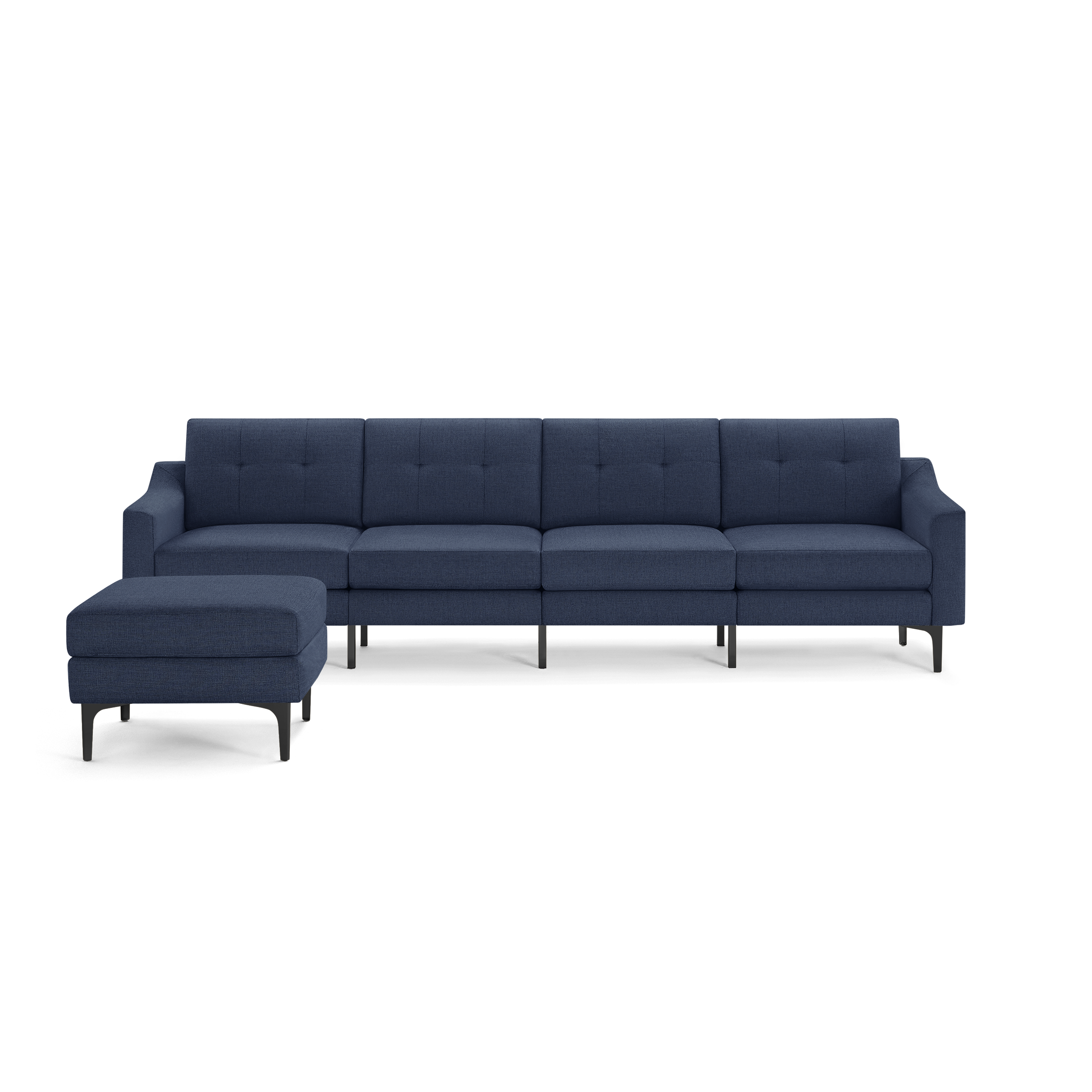 Dark blue sectional sofa with tufted back cushions, straight armrests, and matching ottoman on slim black legs, isolated on a white background.