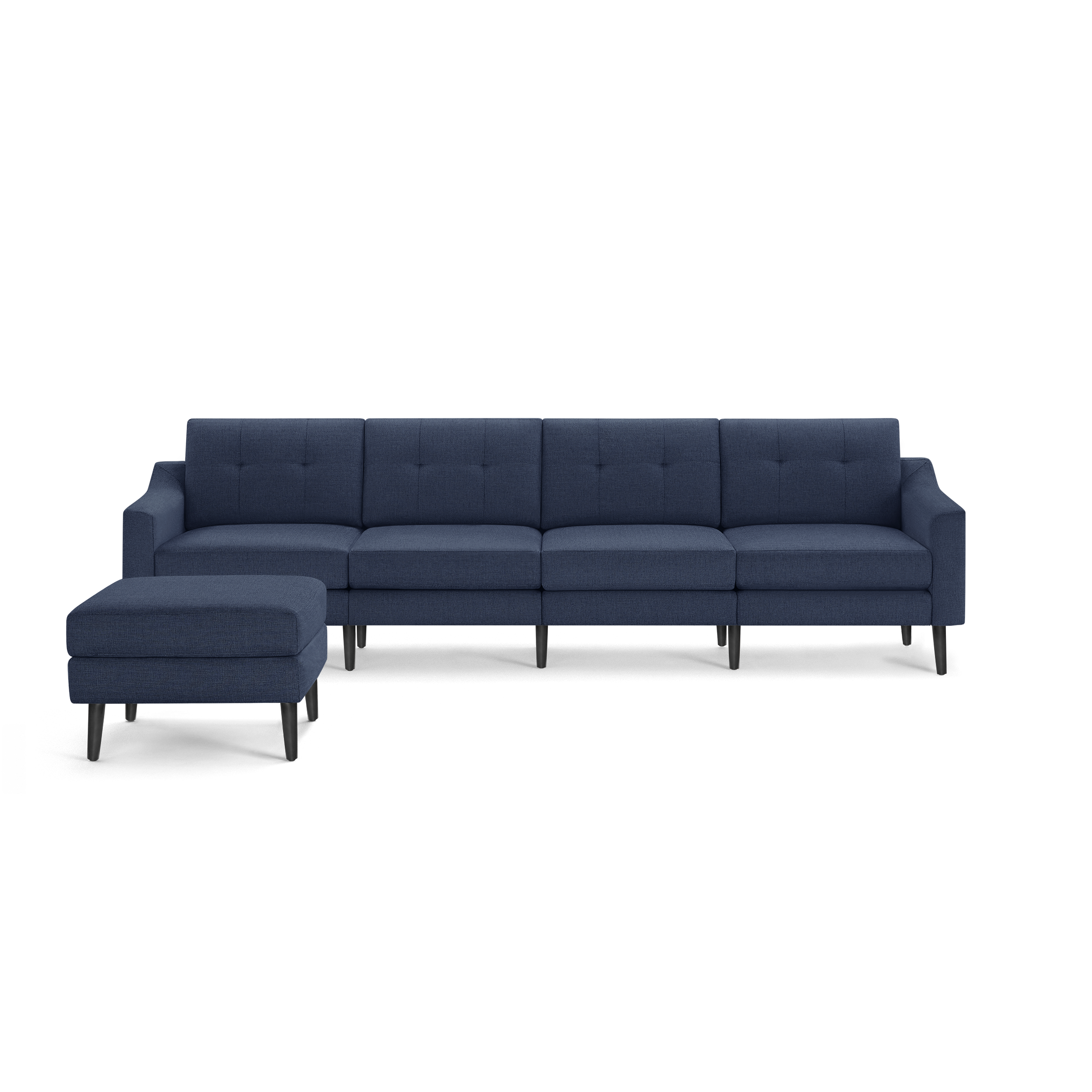 Mid-century modern navy blue fabric sectional sofa with button-tufted backrest and matching ottoman on black tapered wooden legs.