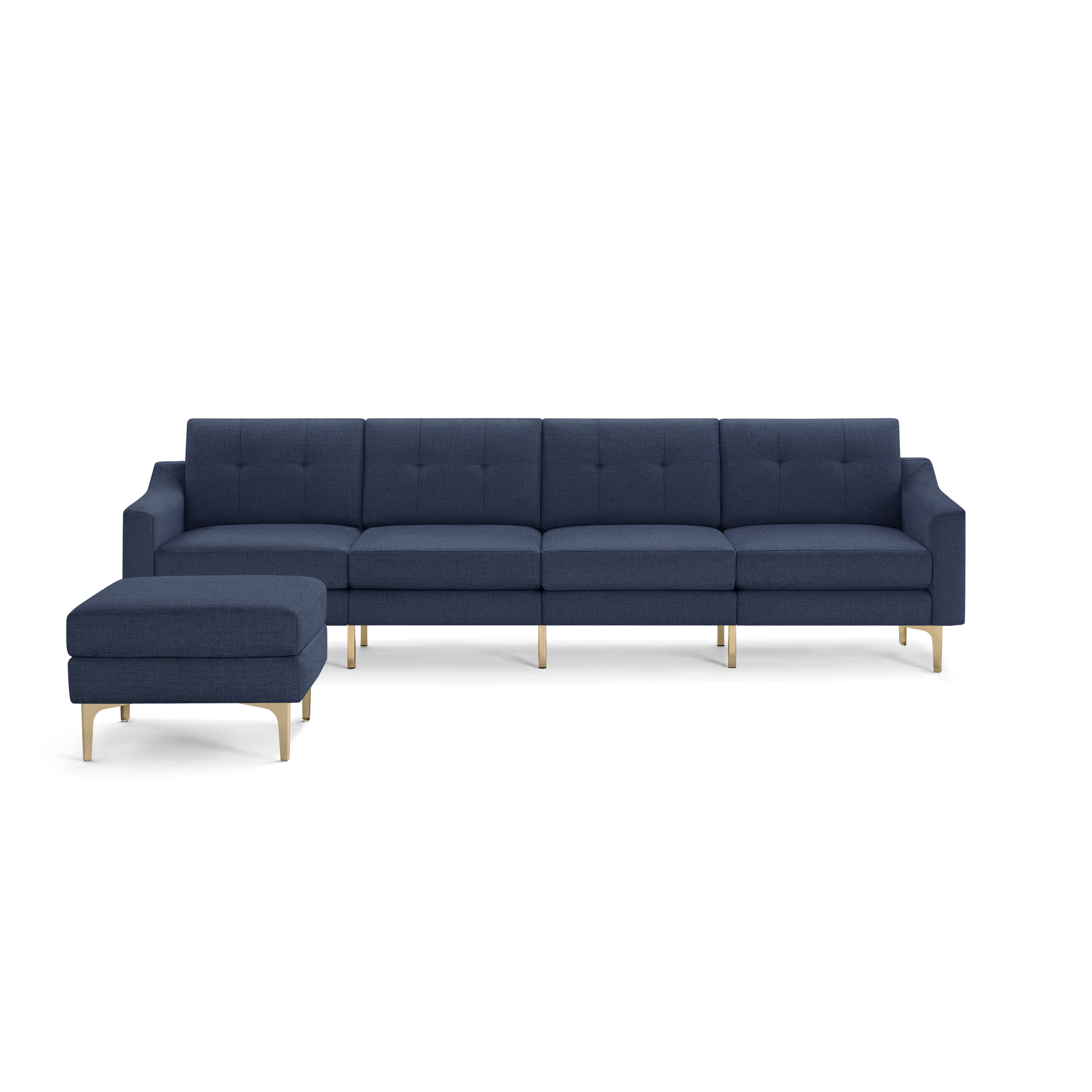 Modern navy blue sectional sofa with tufted cushions, wooden legs, and a matching ottoman on the left side.