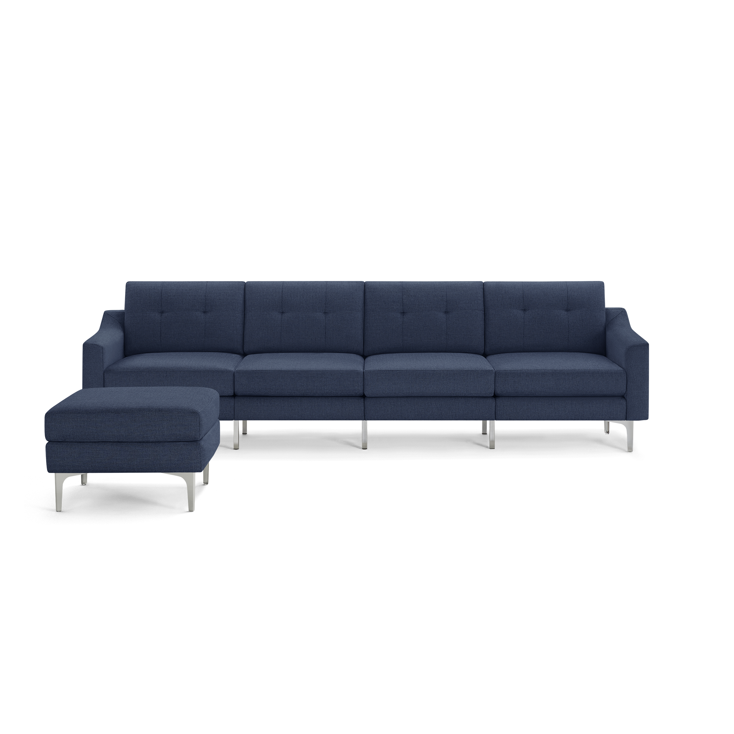 Modern navy blue sectional sofa with button-tufted back cushions, clean lines, metal legs, and a matching ottoman on the left side.