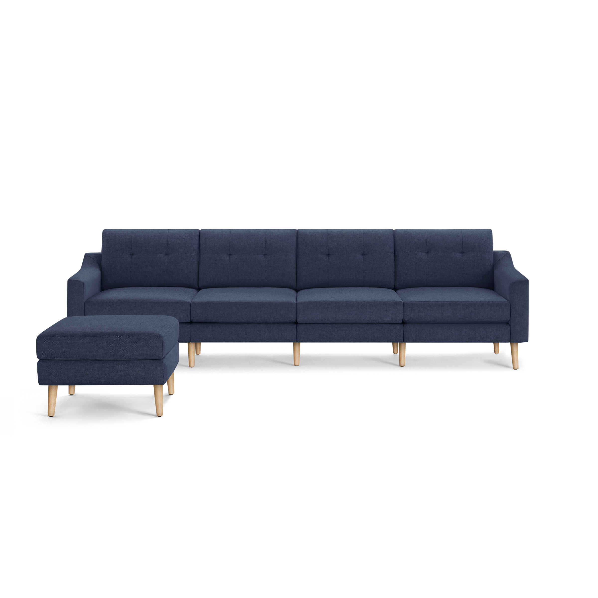 Modern navy blue sectional sofa with wooden legs and matching ottoman, featuring tufted cushions and a sleek, minimalist design.