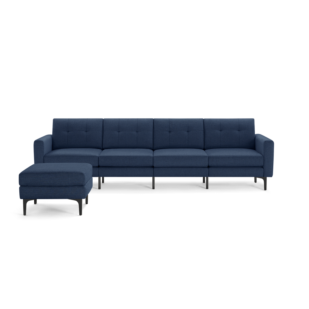 Modern navy blue sectional sofa with tufted cushions, clean lines, and black metal legs, featuring a left-side chaise lounge.