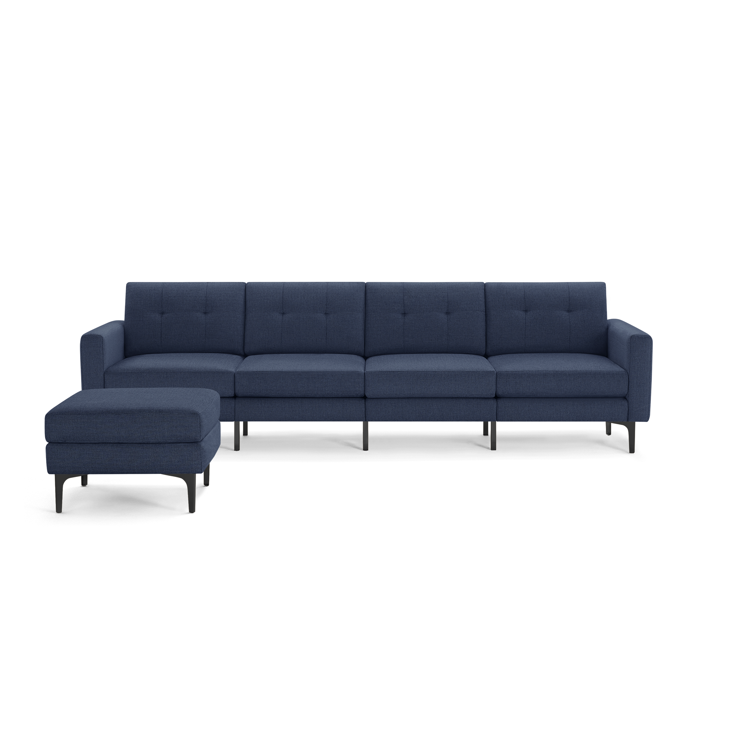 Modern navy blue sectional sofa with tufted cushions, clean lines, and black metal legs, featuring a left-side chaise lounge.