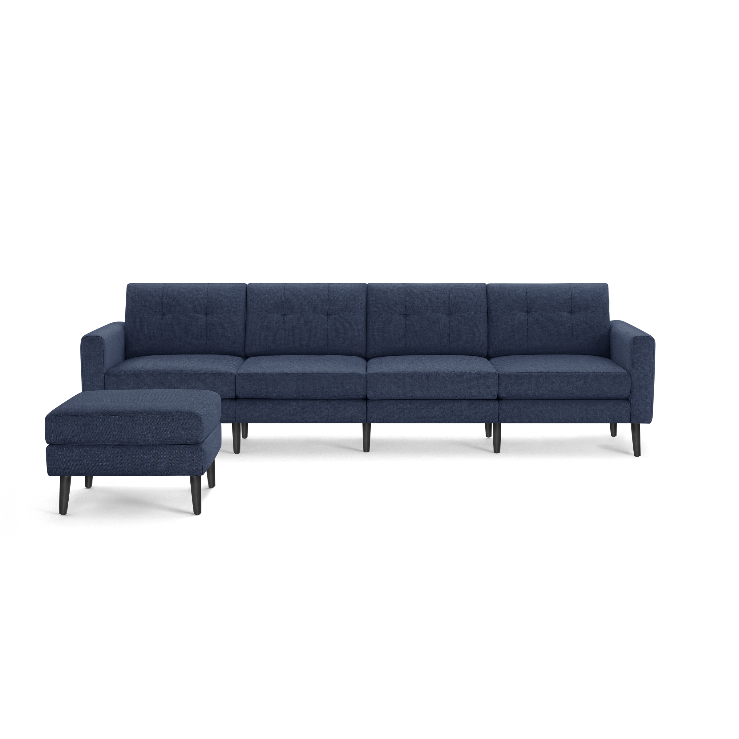 Blue modern sectional sofa with tufted cushions and matching ottoman, featuring dark tapered wooden legs.
