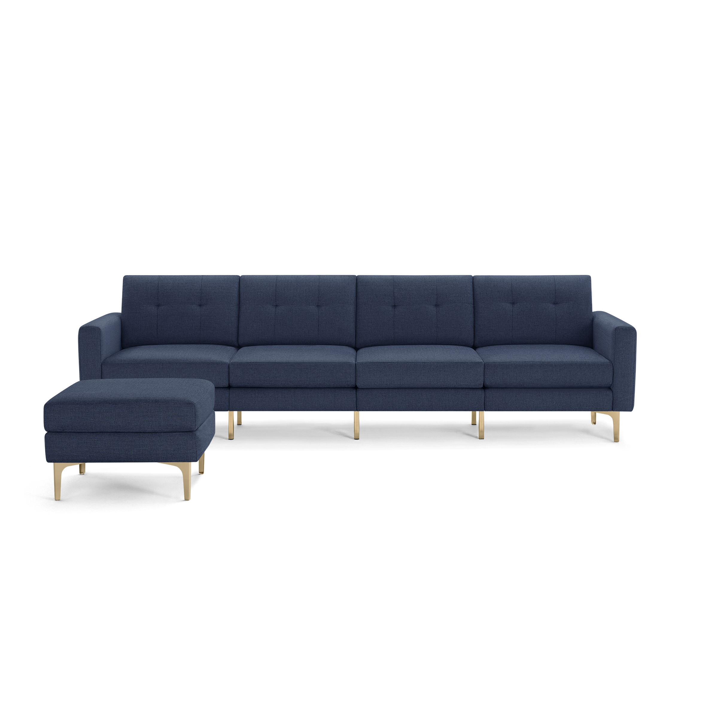 Modern navy blue sectional sofa with tufted cushions, straight arms, and light wooden legs, featuring a matching ottoman.