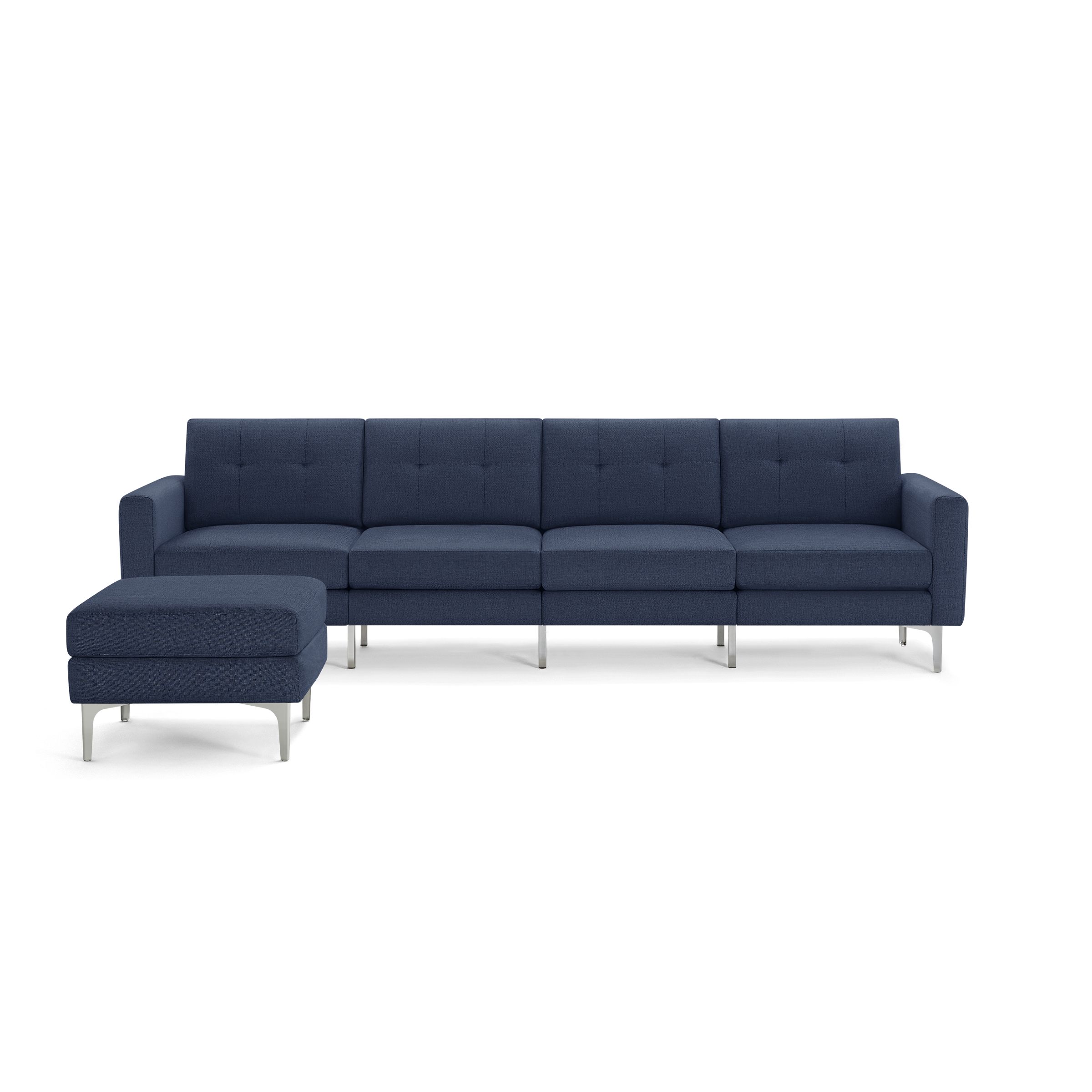Modern navy blue sectional sofa with tufted cushions, metal legs, and a matching ottoman for extra seating or lounging.