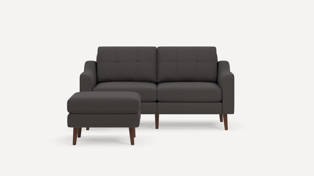 Nomad Plus Loveseat with Ottoman - Heather Charcoal - Performance Chenille / Walnut - Wood / Slope Arm