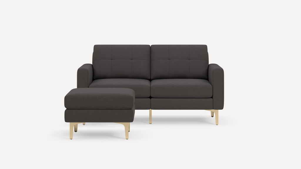Nomad Plus Loveseat with Ottoman - Heather Charcoal - Performance Chenille / Brass - Metal / Block Arm