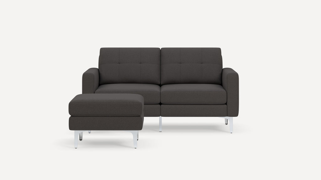 Nomad Plus Loveseat with Ottoman - Heather Charcoal - Performance Chenille / Chrome - Metal / Block Arm