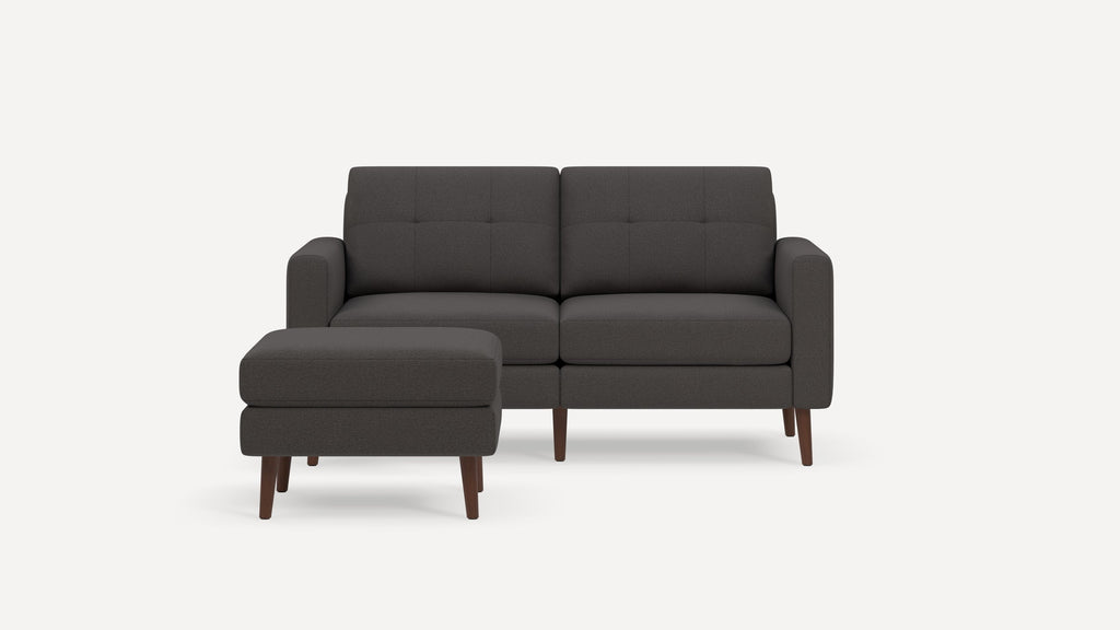 Nomad Plus Loveseat with Ottoman - Heather Charcoal - Performance Chenille / Walnut - Wood / Block Arm