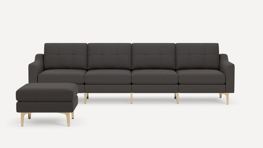 Nomad Plus King Sofa with Ottoman - Heather Charcoal - Performance Chenille / Brass - Metal / Slope Arm