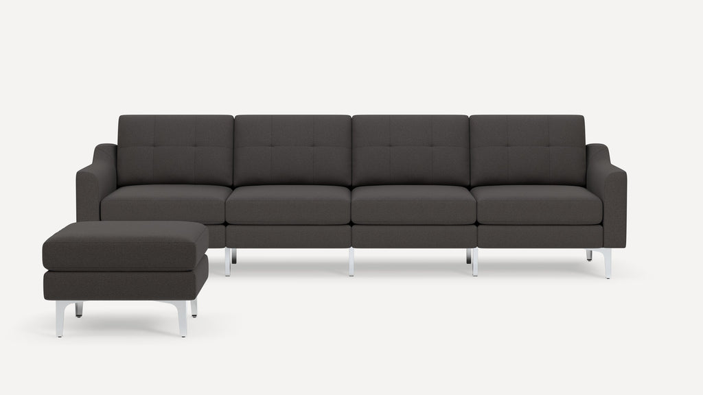 Nomad Plus King Sofa with Ottoman - Heather Charcoal - Performance Chenille / Chrome - Metal / Slope Arm