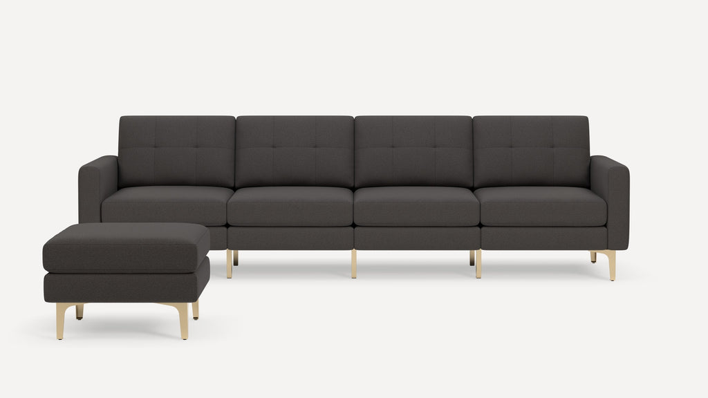 Nomad Plus King Sofa with Ottoman - Heather Charcoal - Performance Chenille / Brass - Metal / Block Arm
