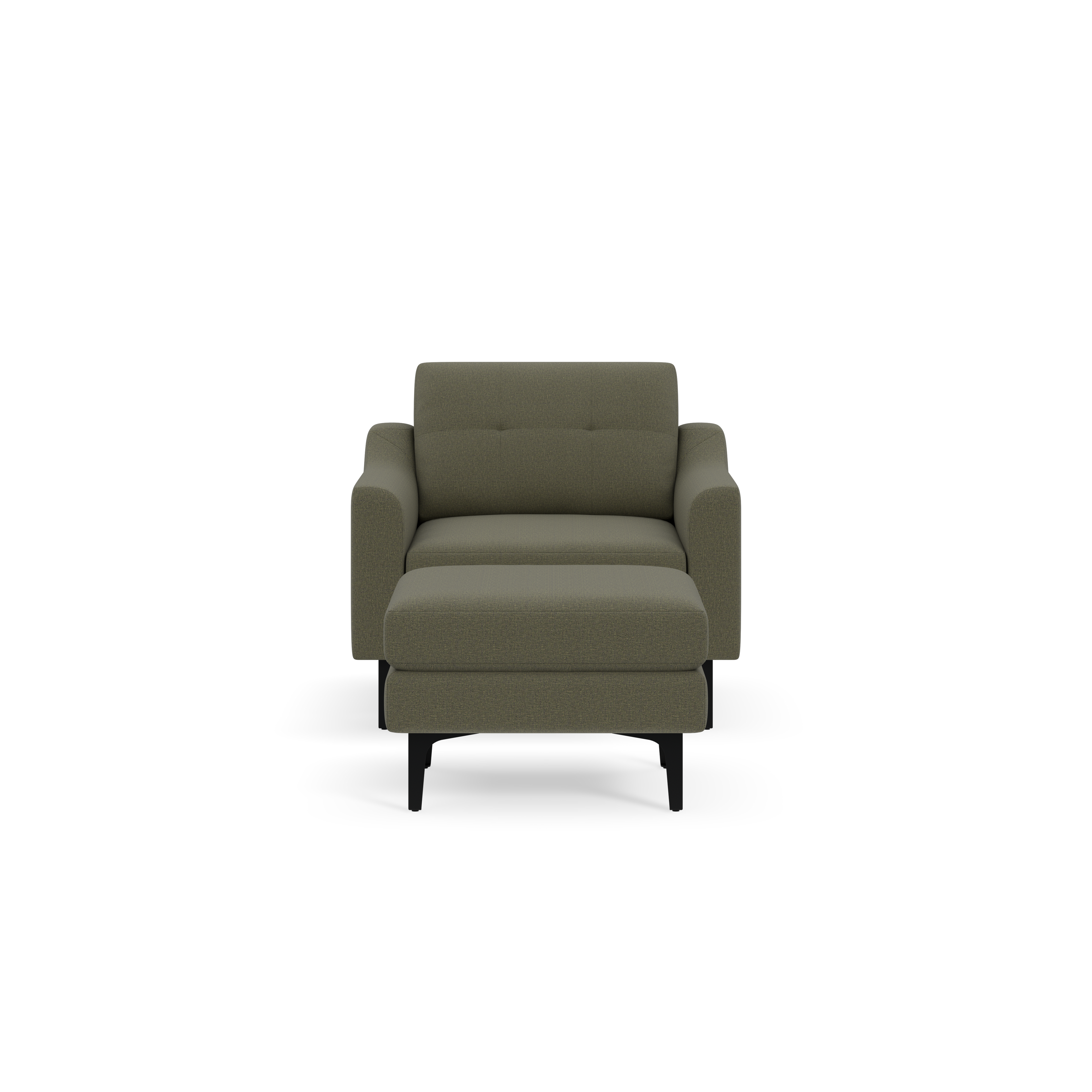 Modern Moss green upholstered armchair with padded cushions, square arms, and angled black legs, shown against black background.