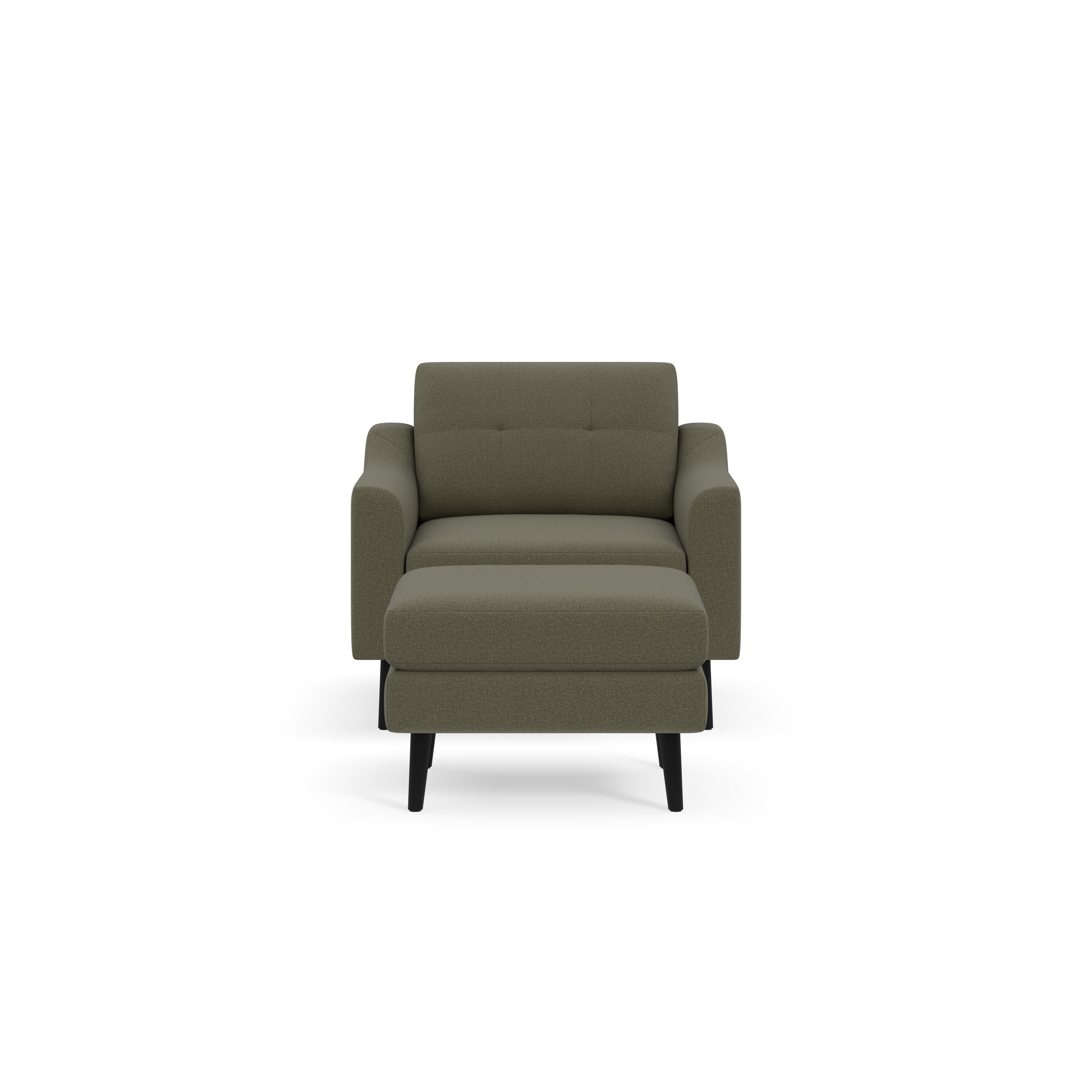 Front view of a modern Moss green upholstered armchair with matching cushioned ottoman and black wooden legs.