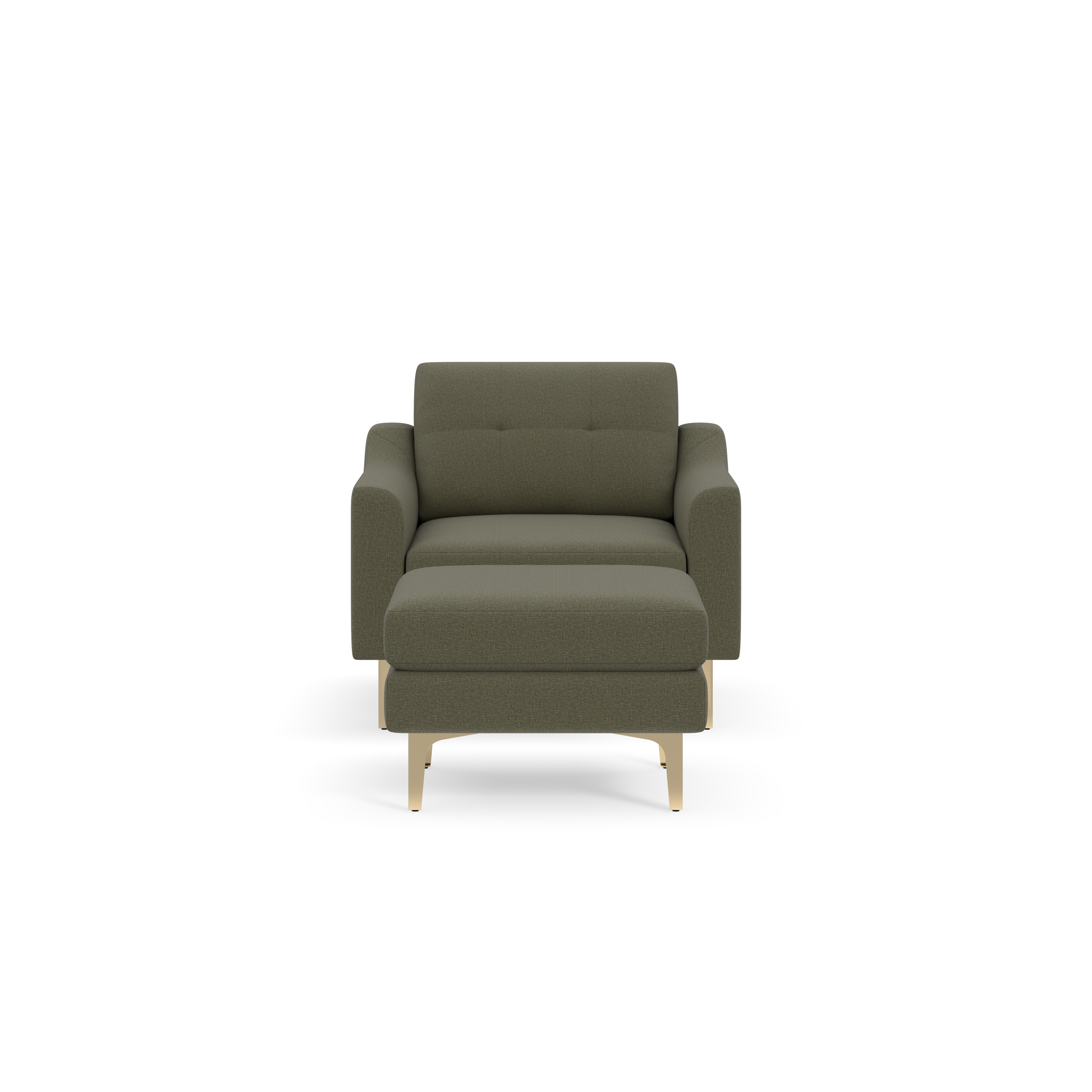Front view of an Moss green upholstered armchair with padded arms, cushioned back, and light wooden legs.