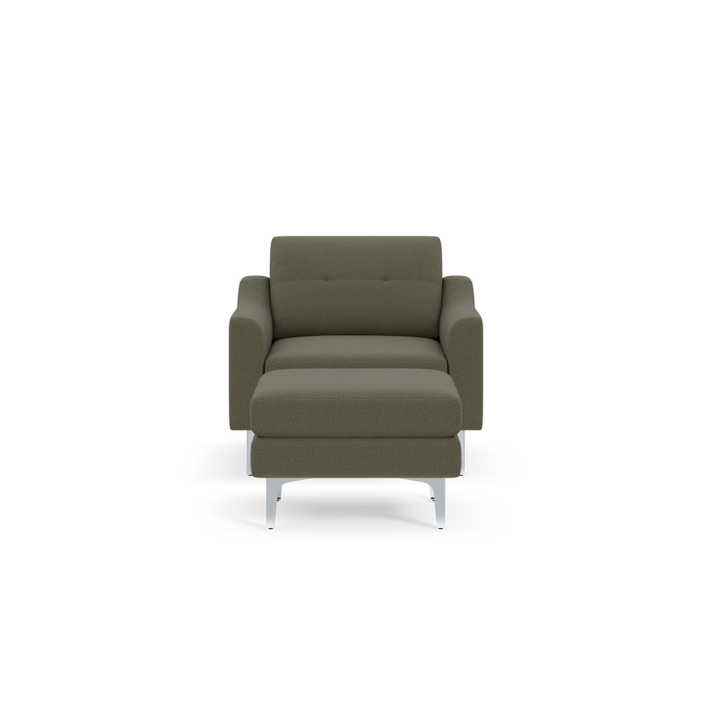 Modern Moss green upholstered armchair with wide cushions, armrests, and sleek silver metal legs, shown from the front.