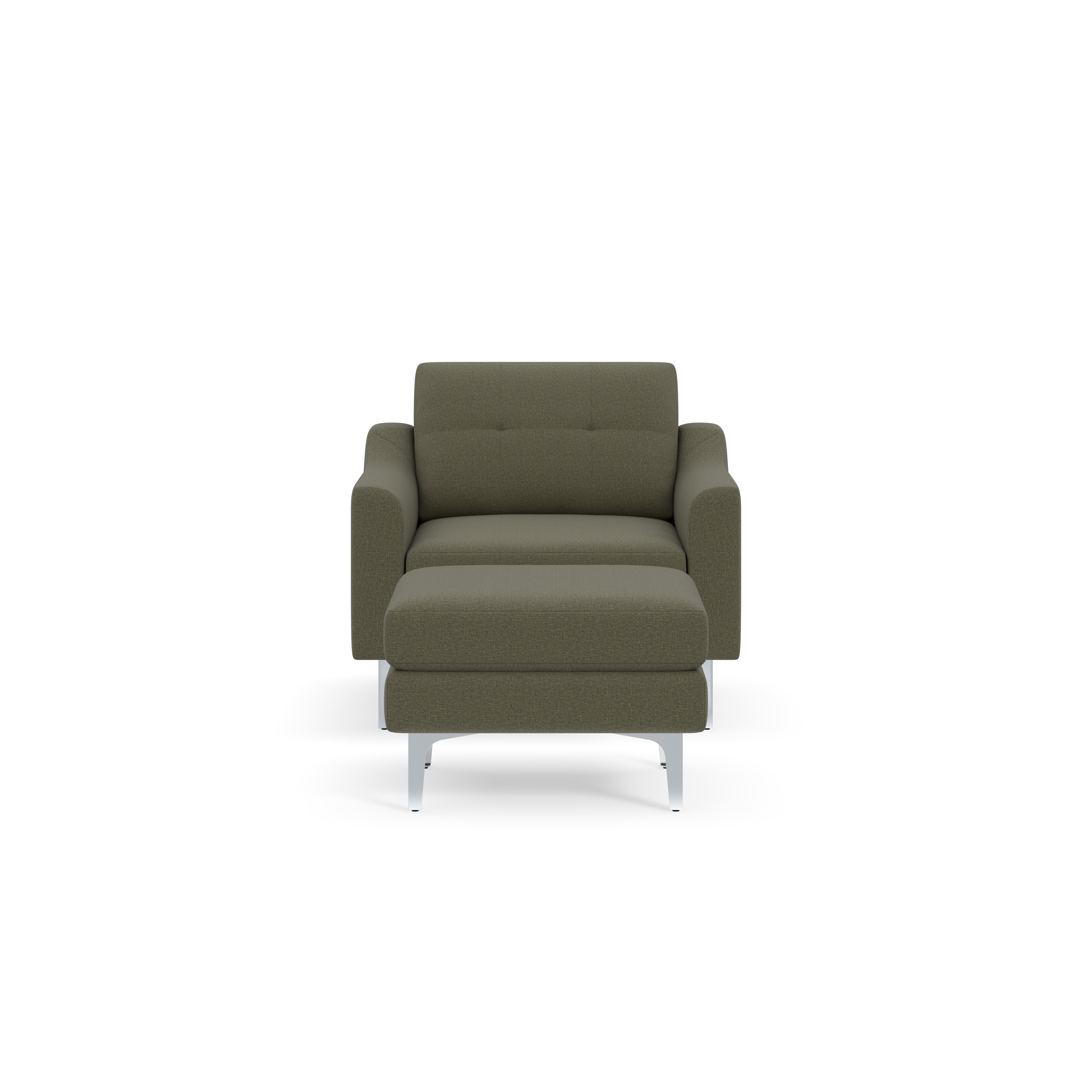 Modern Moss green upholstered armchair with wide cushions, armrests, and sleek silver metal legs, shown from the front.