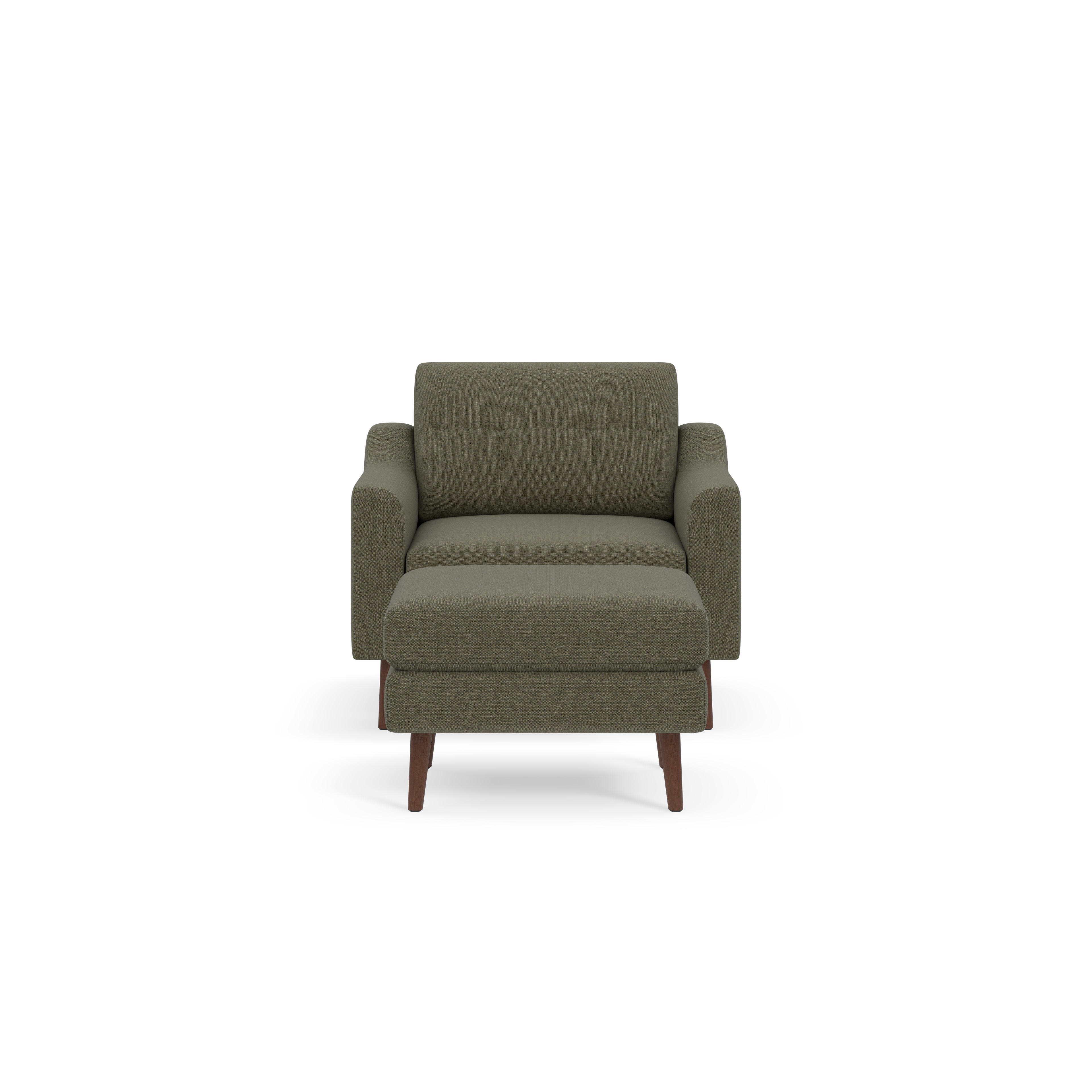 Front view of a modern olive-green upholstered armchair with a matching cushioned ottoman and wooden legs on black background.