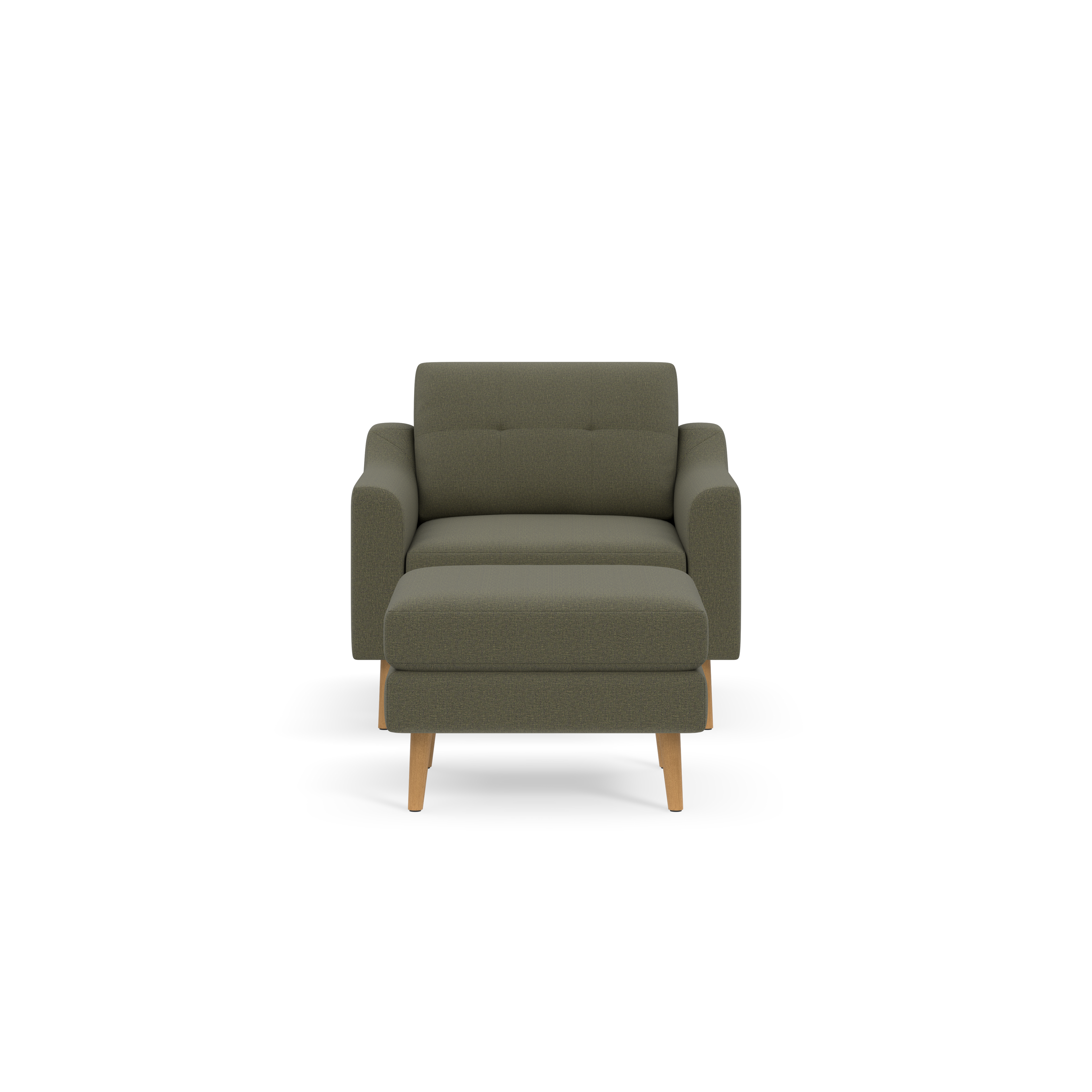 Front view of a modern olive-green upholstered armchair with wooden legs and cushioned seat and backrest against black background.