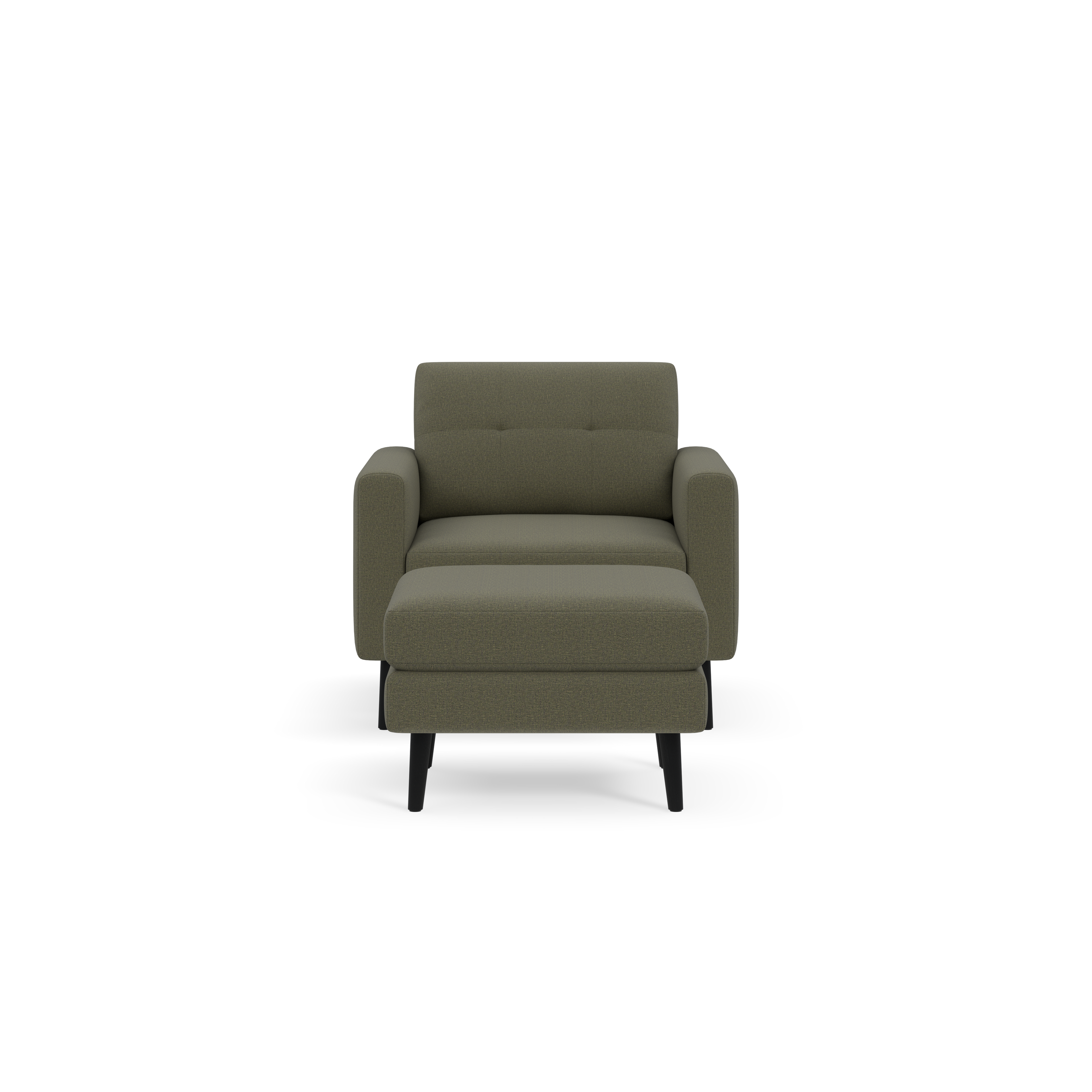 Front view of an Moss green upholstered armchair with cushioned seat and backrest, and black wooden legs.