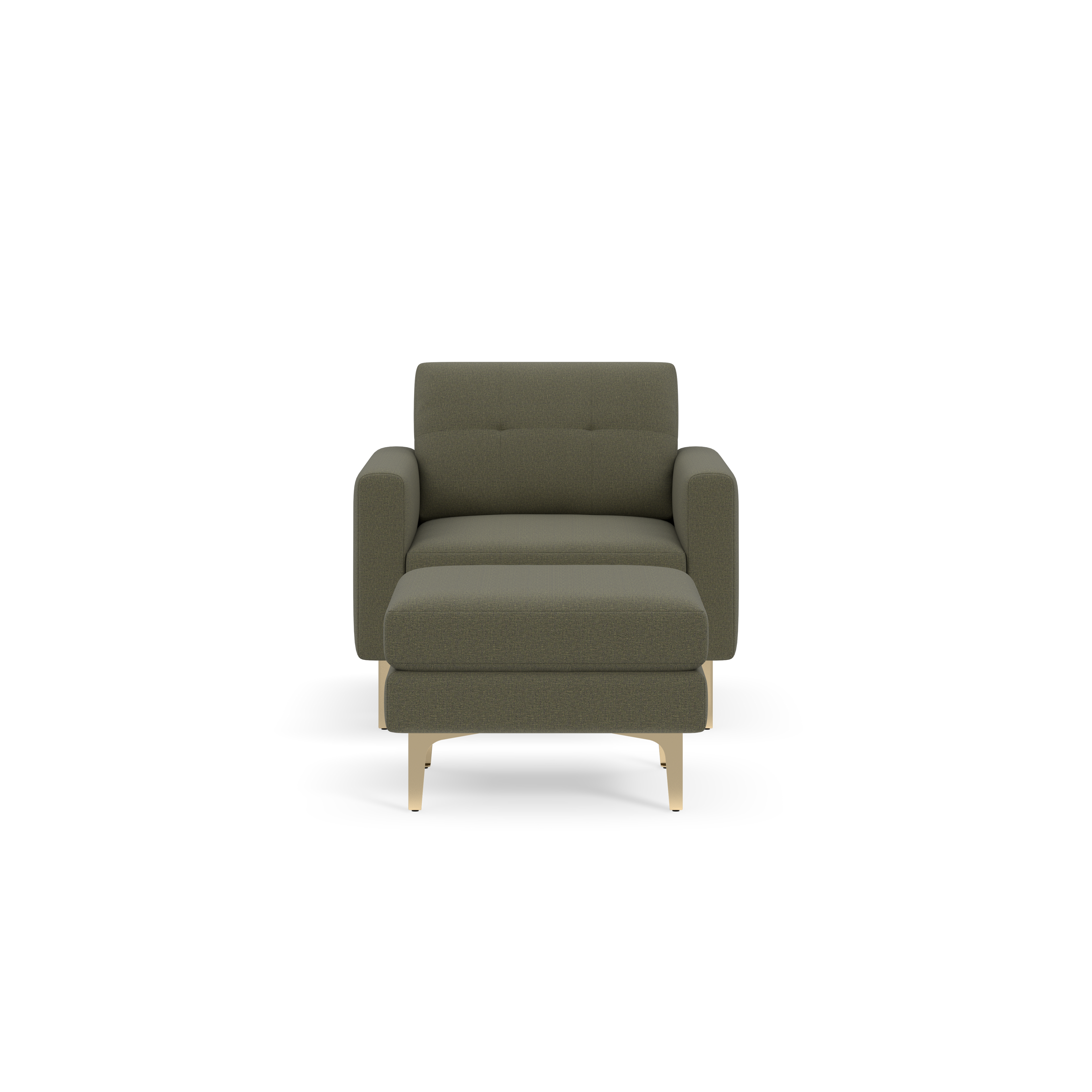 Modern armchair with Moss green fabric upholstery, cushioned seat and backrest, straight armrests, and light wooden legs.