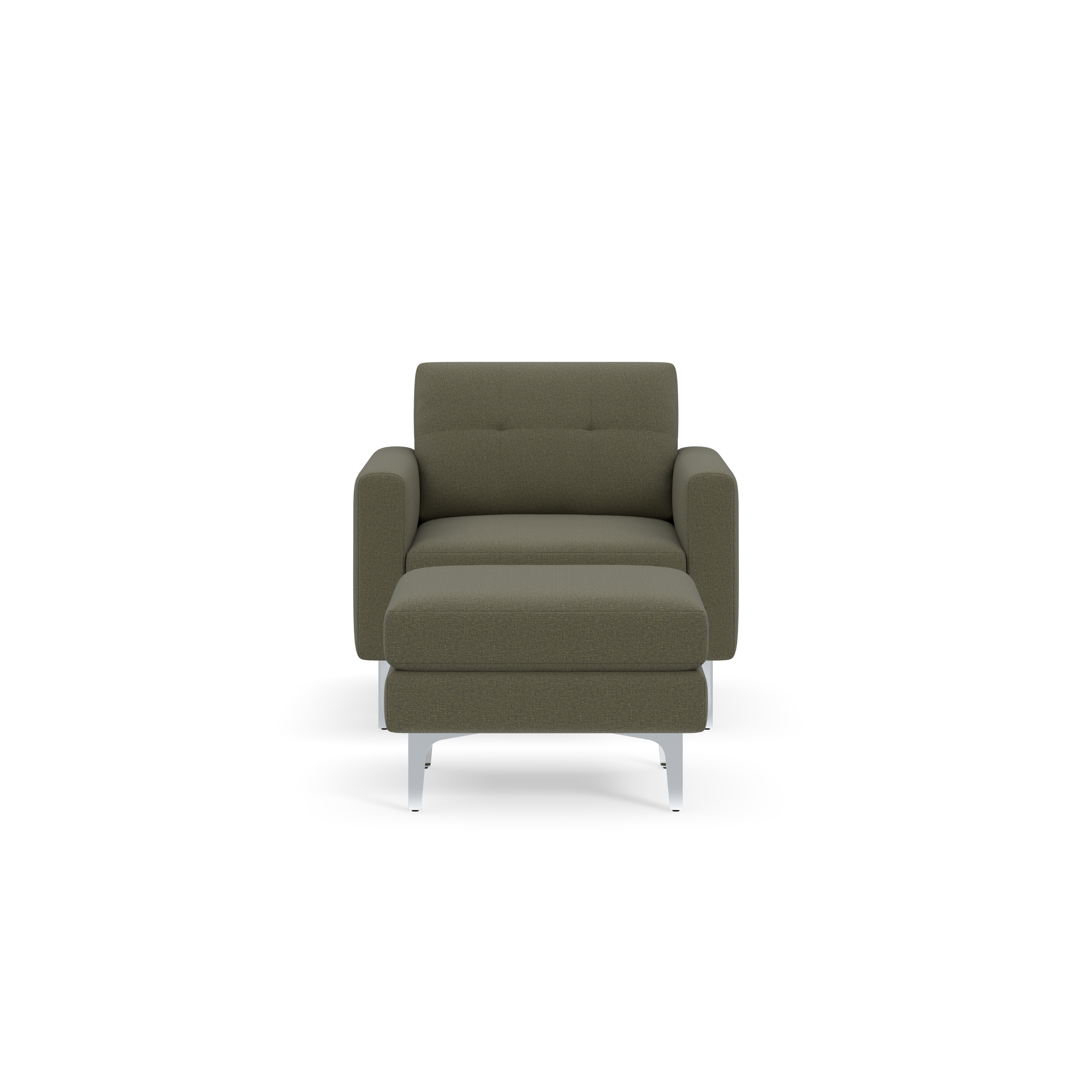 Modern Moss green fabric armchair with a matching ottoman, metal legs, and contemporary design, shown against a black background.
