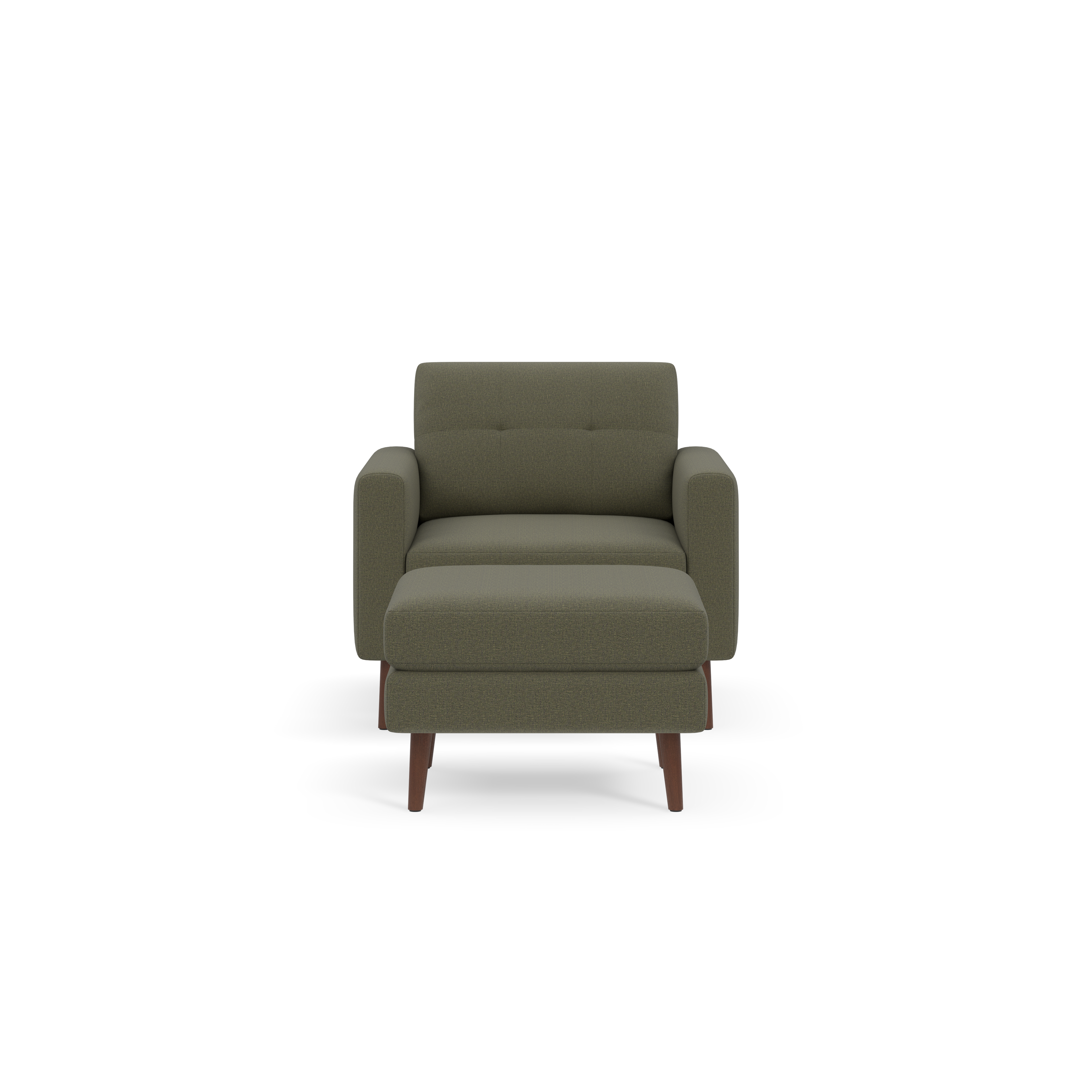 Front view of a modern Moss green armchair with padded seat, backrest, and wooden legs on black background.
