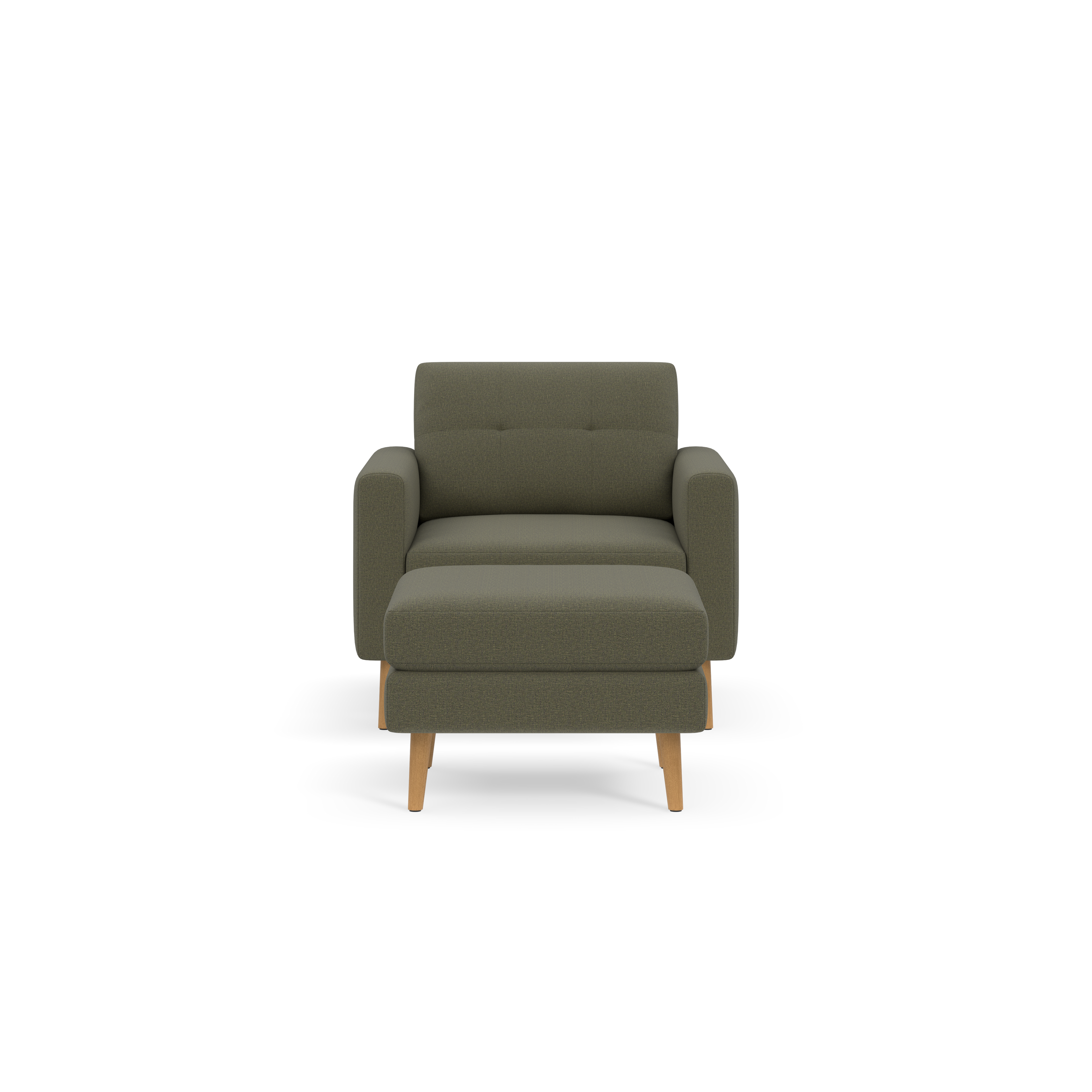 Front view of a modern, Moss green upholstered armchair with wooden legs and cushioned armrests.